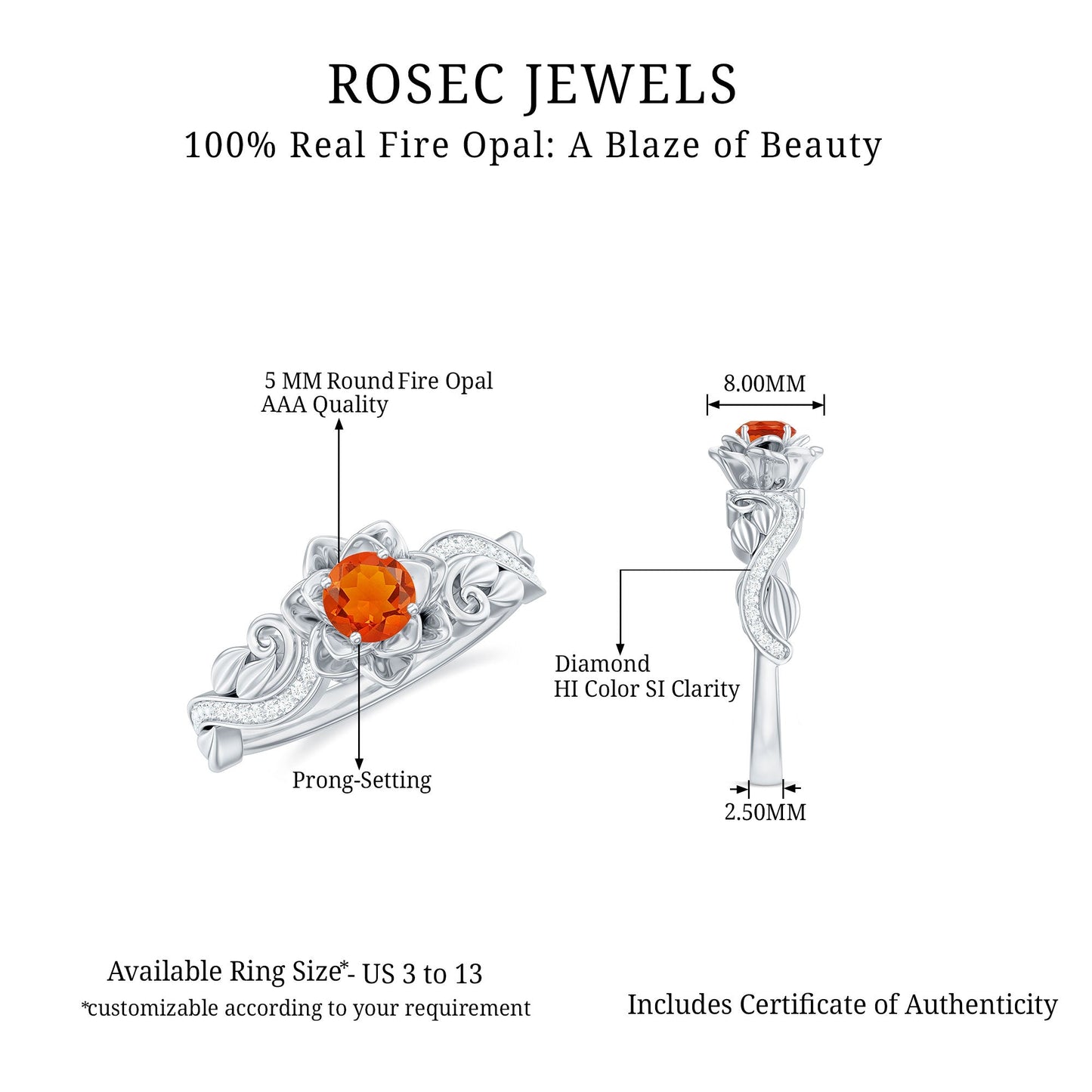 Nature Inspired Fire Opal and Diamond Engagement Ring with Certificate