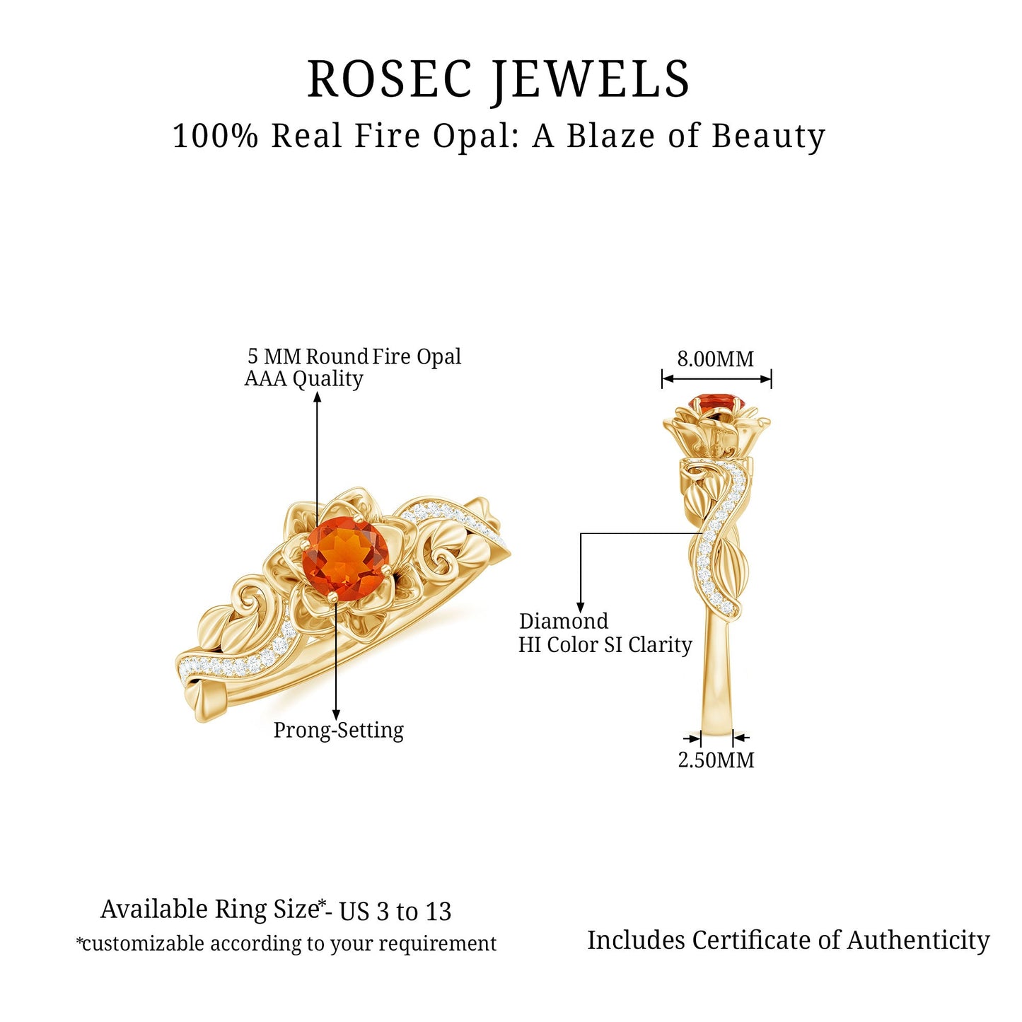 Nature Inspired Fire Opal and Diamond Engagement Ring with Certificate