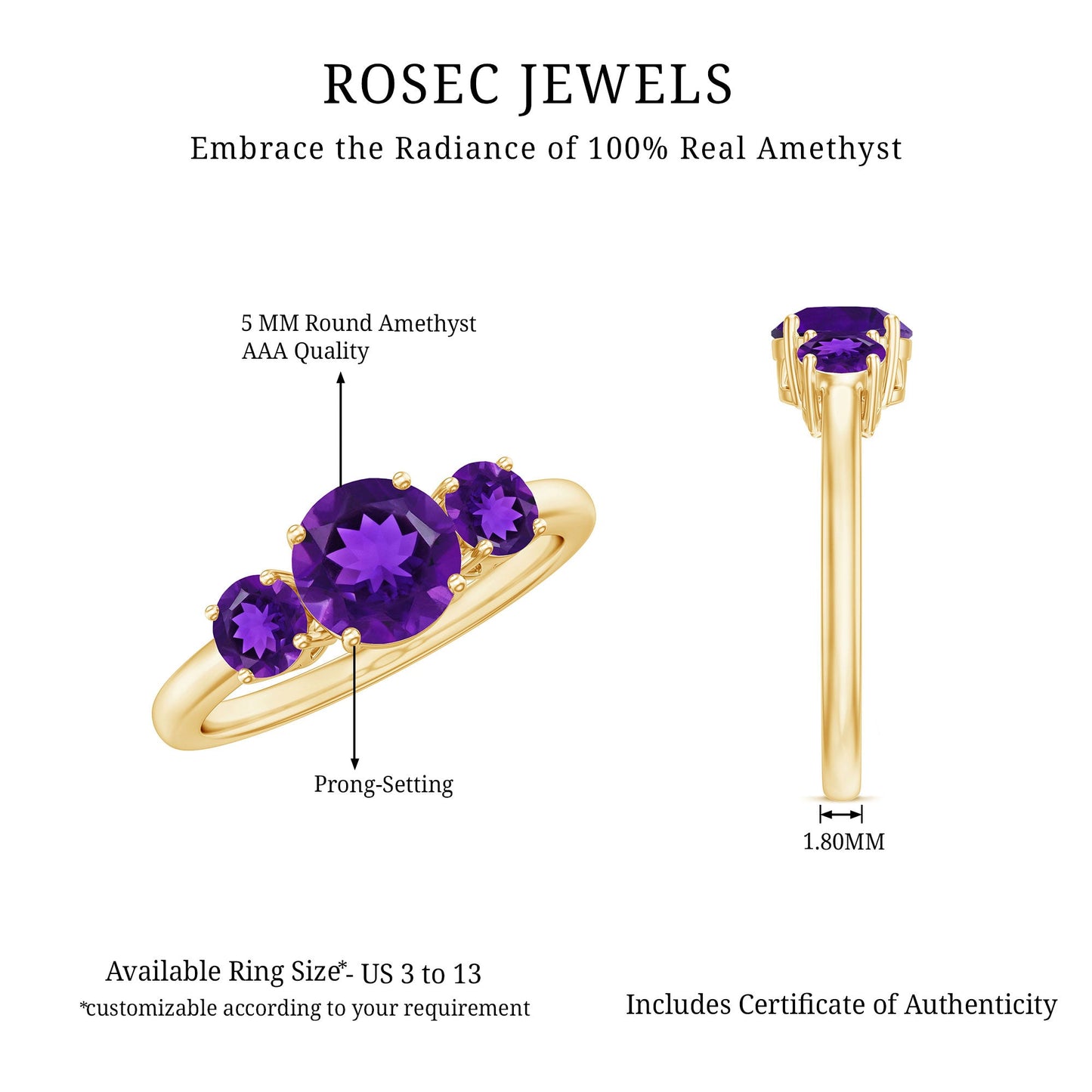 3/4 CT Round Cut Amethyst Three Stone Ring