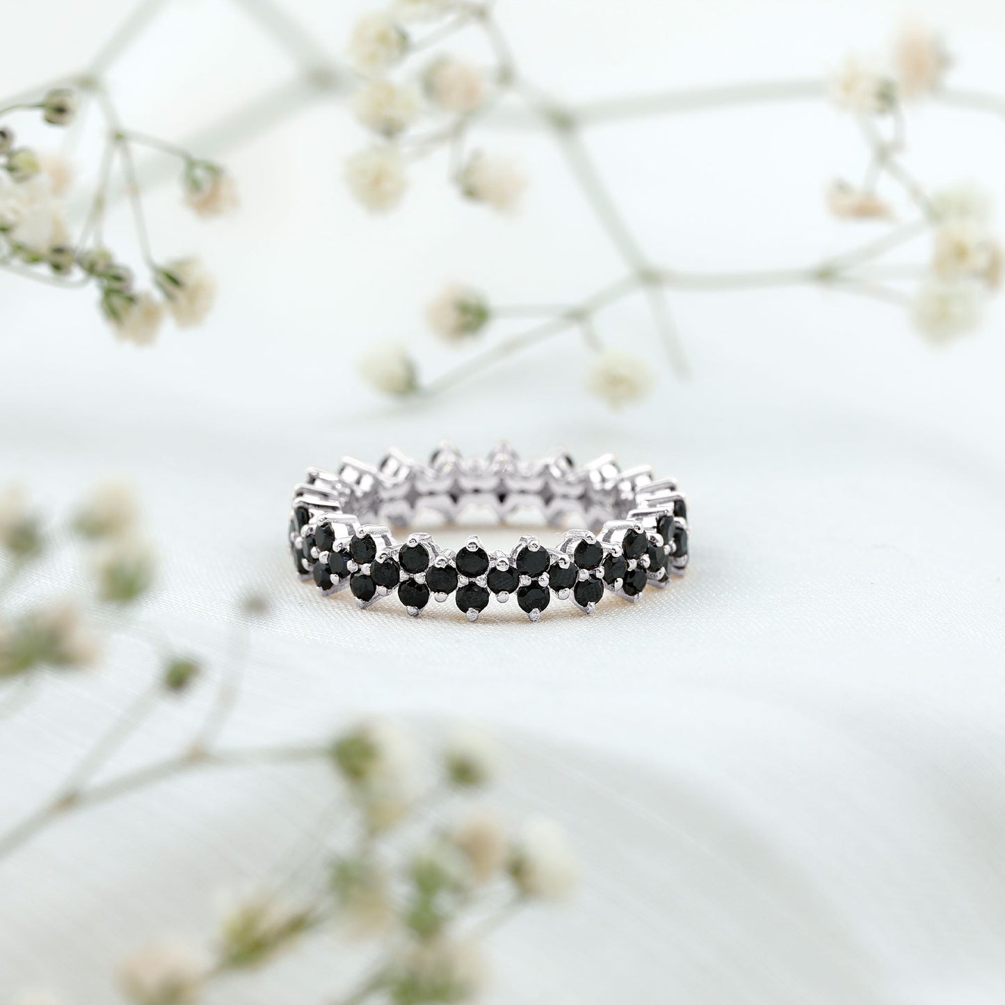 Natural Black Spinel Cluster Eternity Ring in Prong Setting