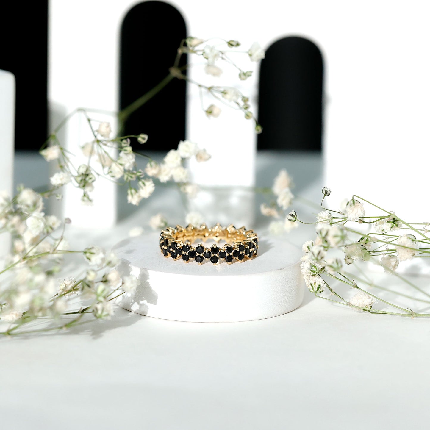 Natural Black Spinel Cluster Eternity Ring in Prong Setting