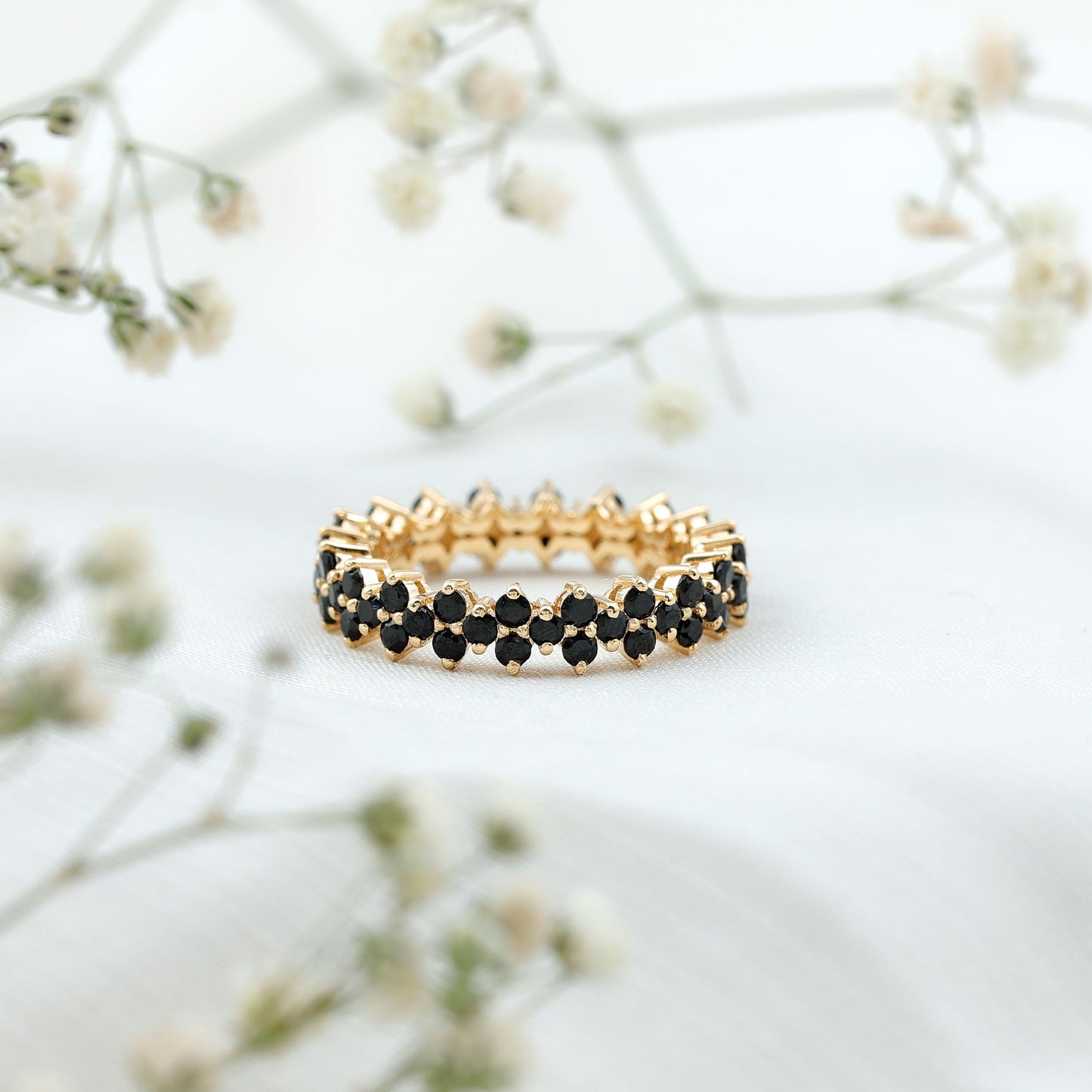 Natural Black Spinel Cluster Eternity Ring in Prong Setting