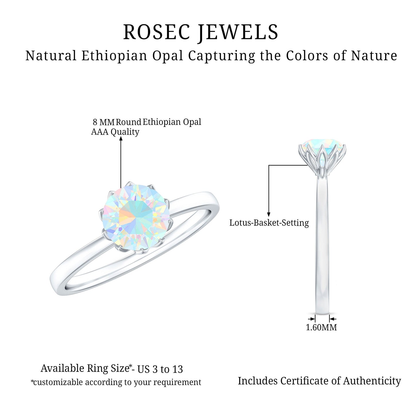 Natural 8mm Ethiopian Opal Engagement Ring in Lotus Basket Setting