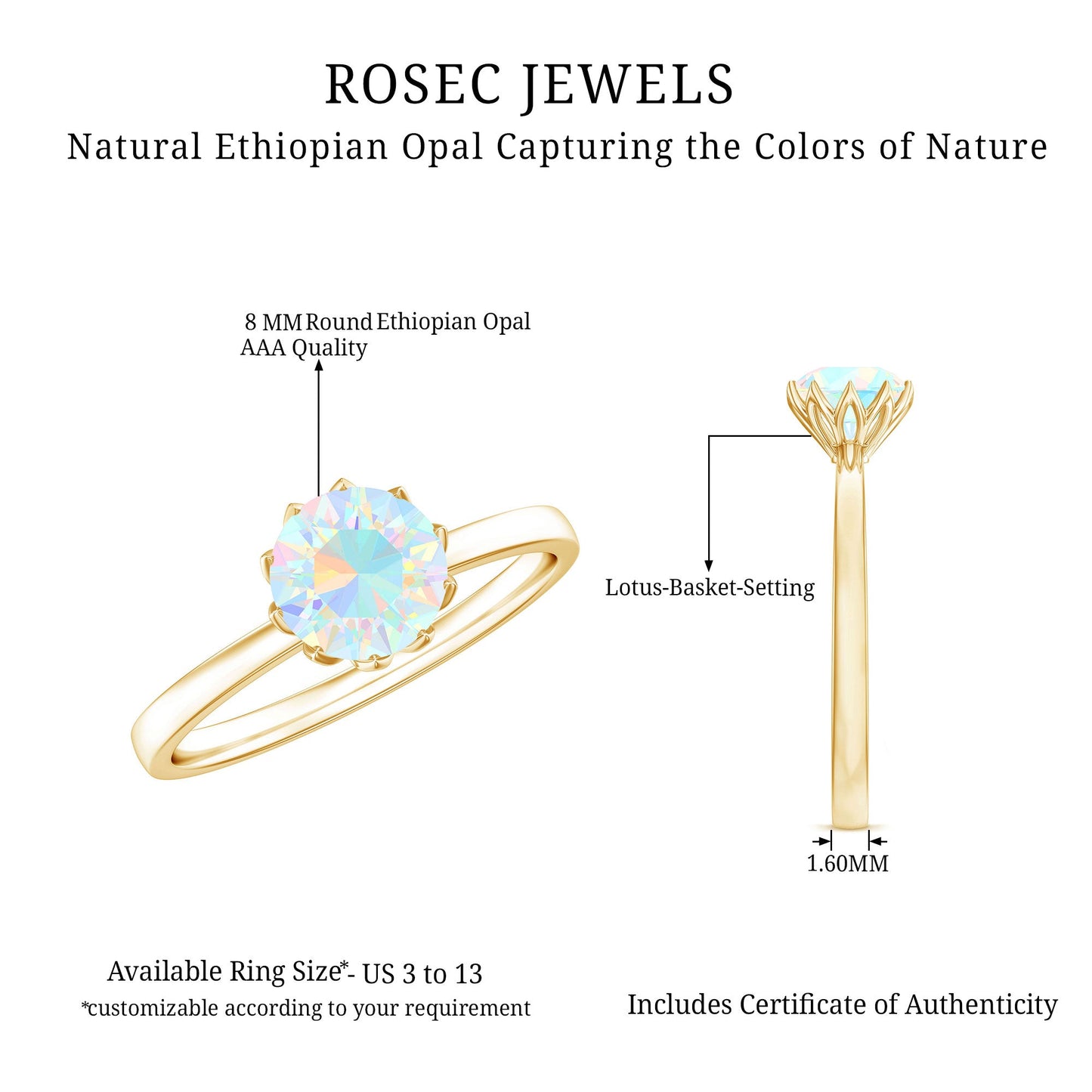Natural 8mm Ethiopian Opal Engagement Ring in Lotus Basket Setting