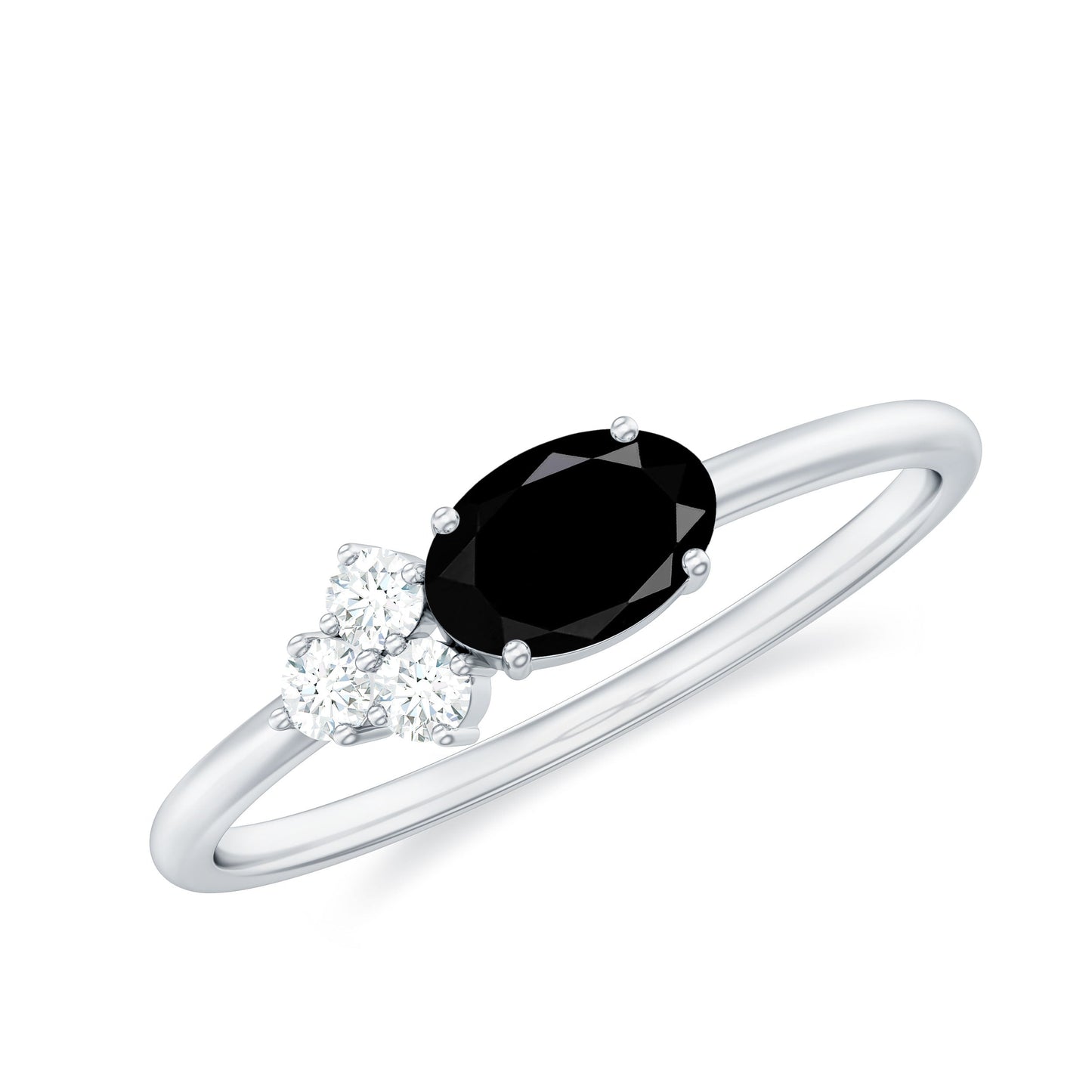 4x6mm Oval Cut Black Onyx Minimal Promise Ring with Diamond Trio