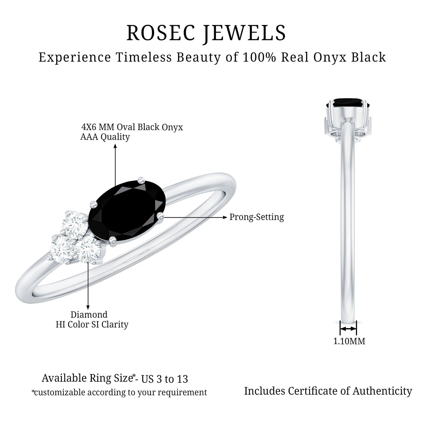 4x6mm Oval Cut Black Onyx Minimal Promise Ring with Diamond Trio
