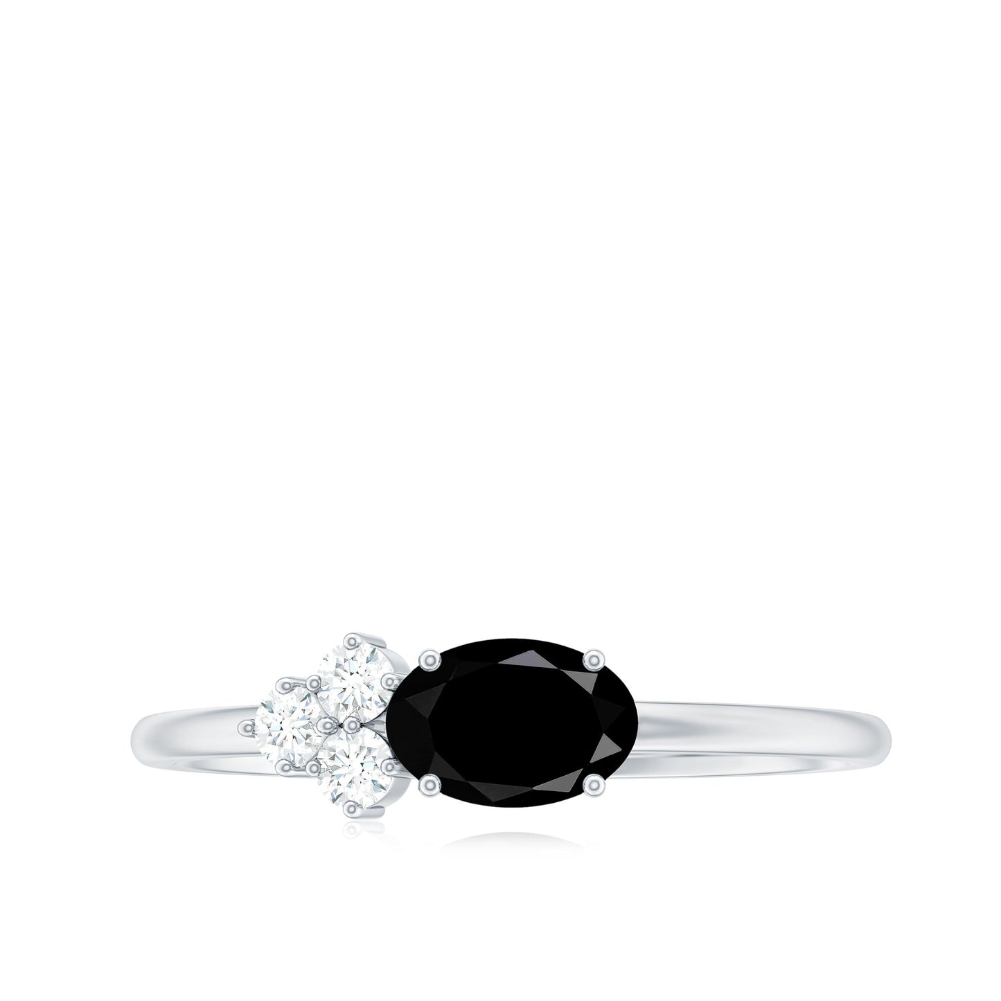 4x6mm Oval Cut Black Onyx Minimal Promise Ring with Diamond Trio
