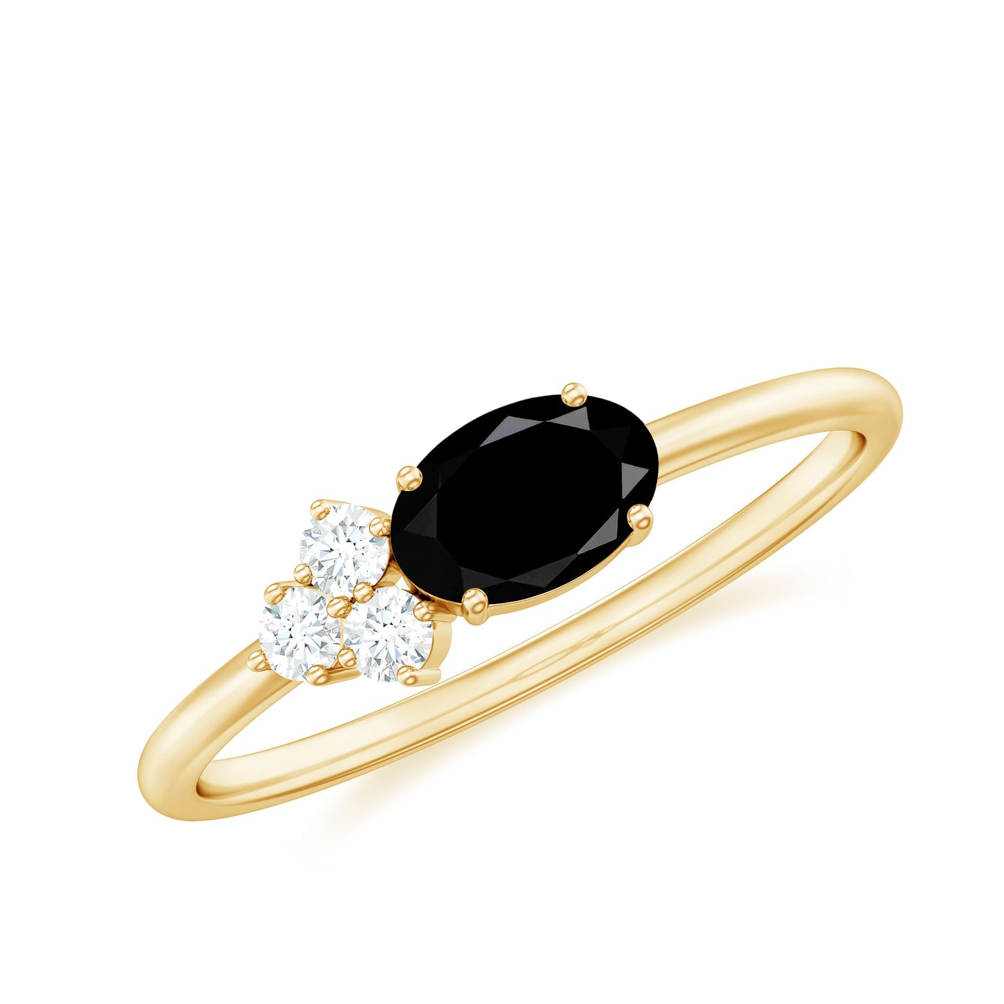 4x6mm Oval Cut Black Onyx Minimal Promise Ring with Diamond Trio