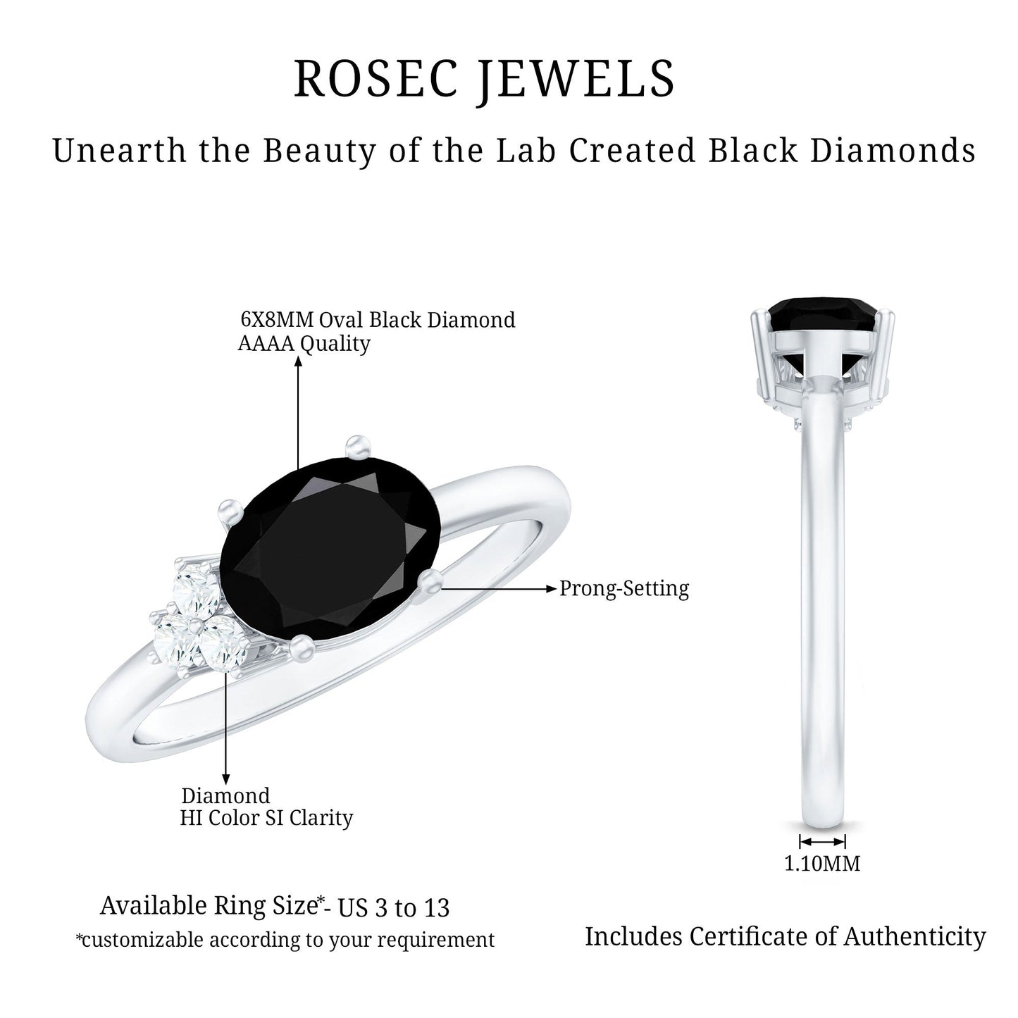 Oval Cut Created Black Diamond Minimal Ring with Diamond Trio