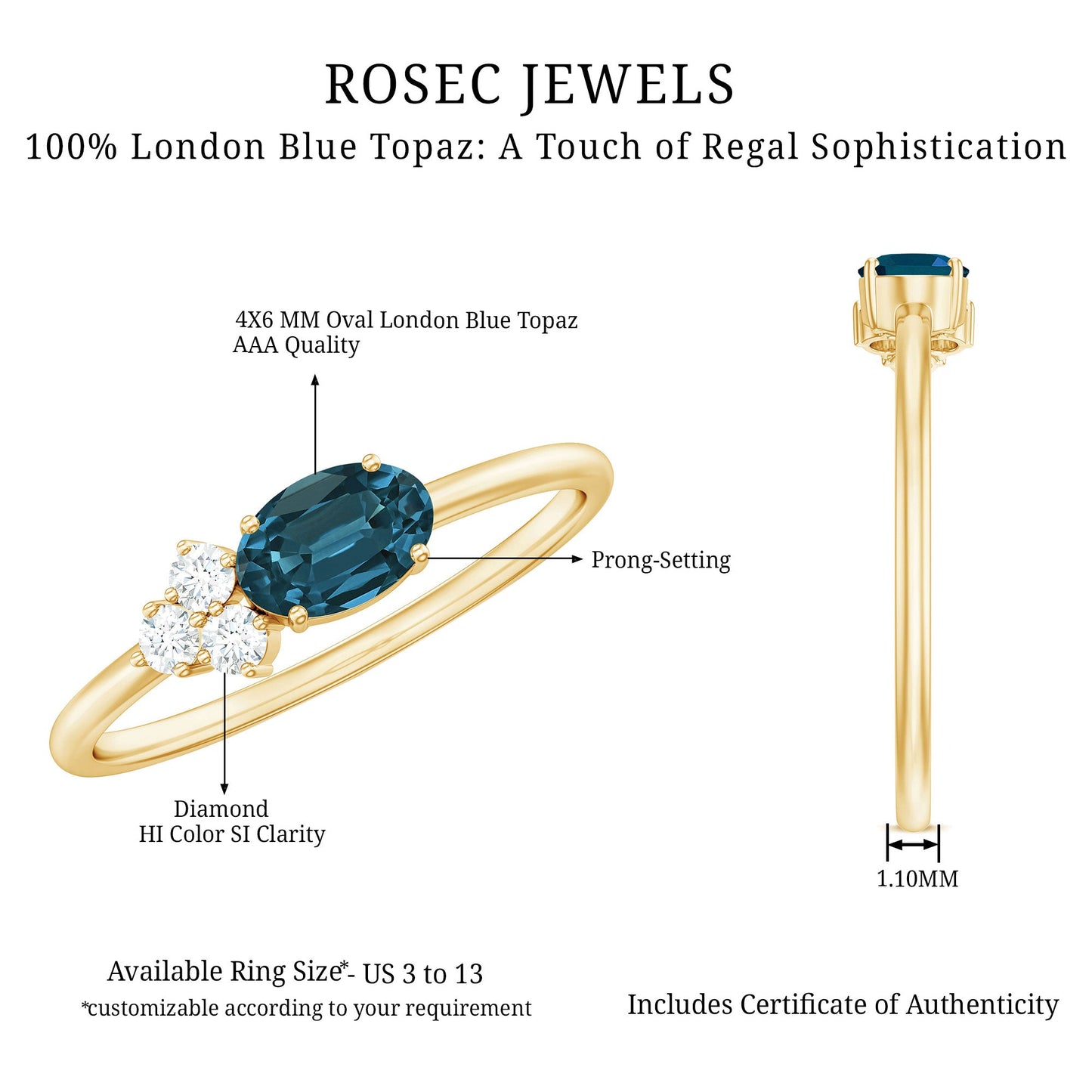 4X6mm Oval Cut London Blue Topaz East West Promise Ring with Diamond Trio