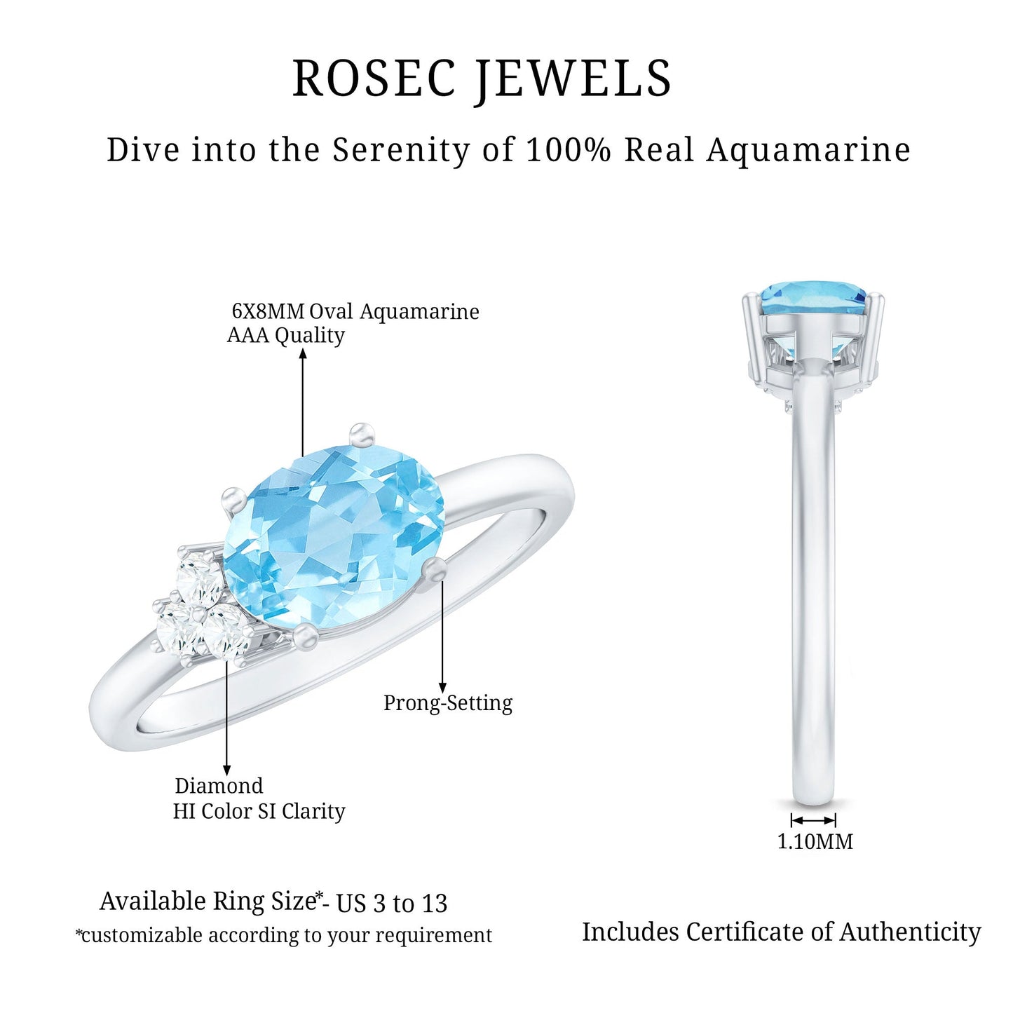 1/2 CT Oval Cut Aquamarine Promise Ring with Diamond Trio