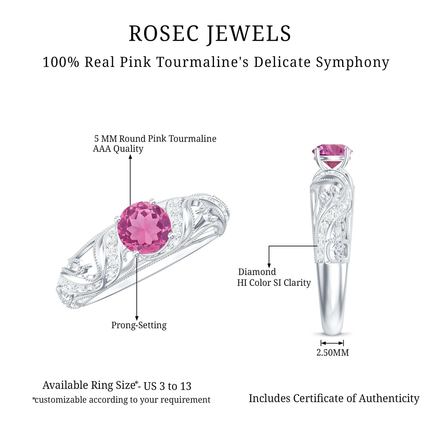 3/4 CT Vintage Style Pink Tourmaline Engagement Ring with Diamond