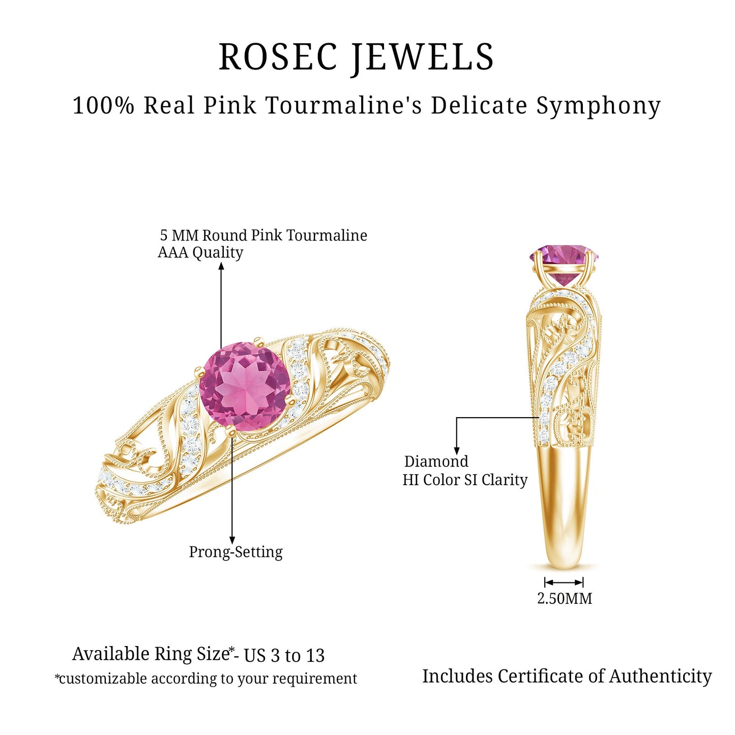 3/4 CT Vintage Style Pink Tourmaline Engagement Ring with Diamond