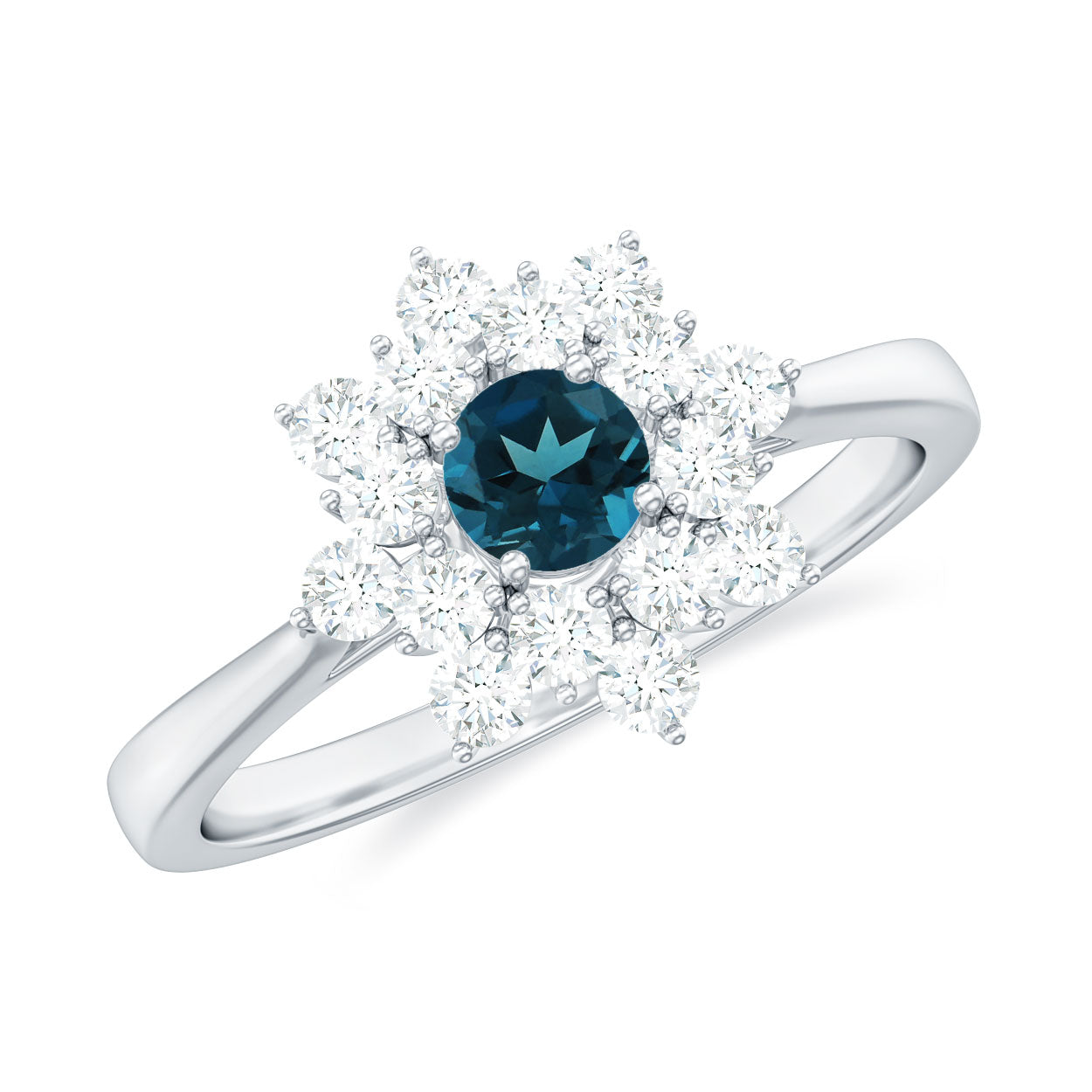 Genuine Round Cut London Blue Topaz Flower Engagement Ring with Diamonds