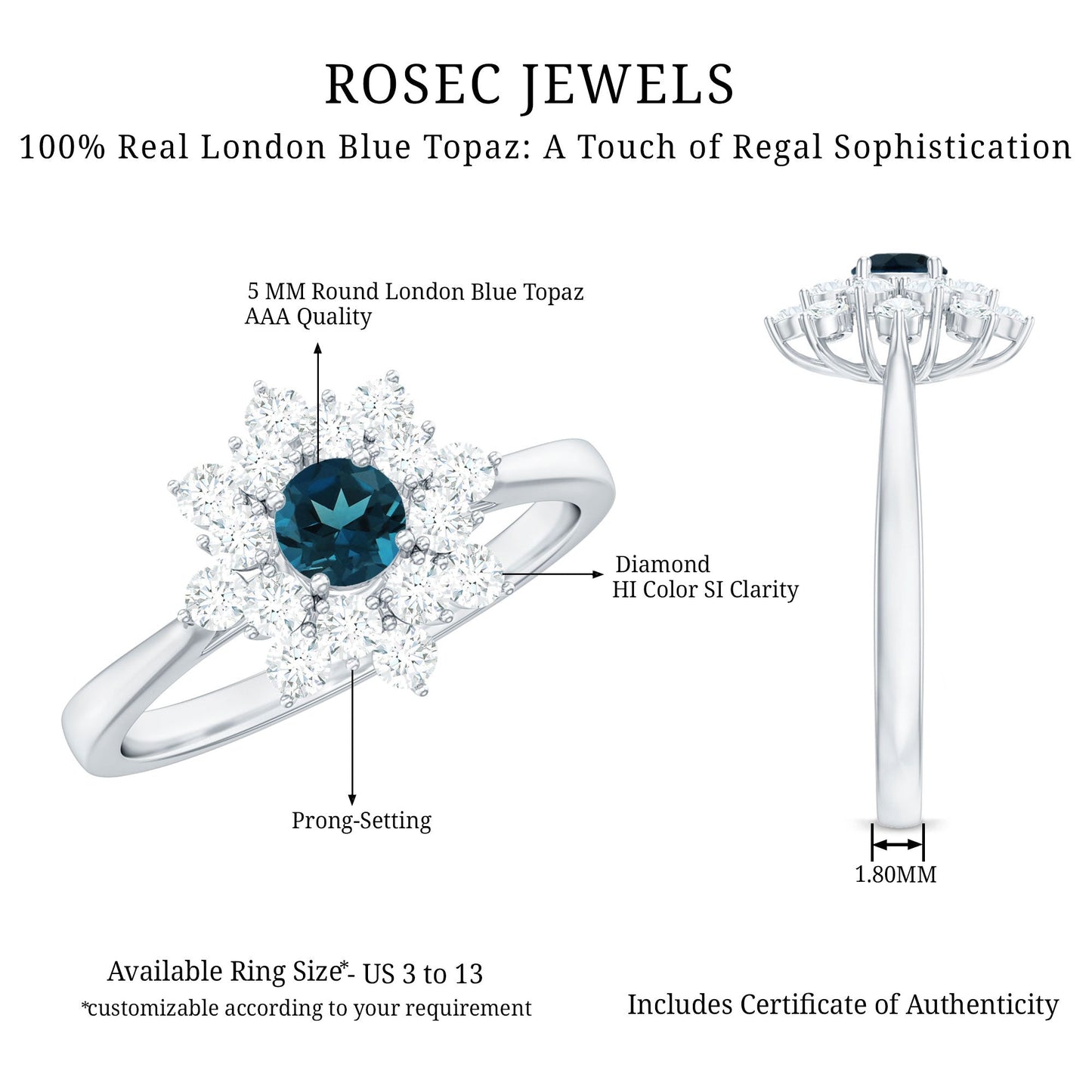 Genuine Round Cut London Blue Topaz Flower Engagement Ring with Diamonds