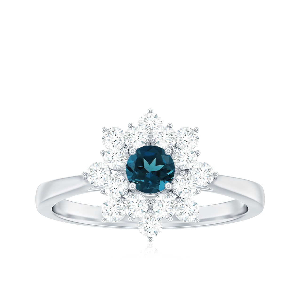 Genuine Round Cut London Blue Topaz Flower Engagement Ring with Diamonds