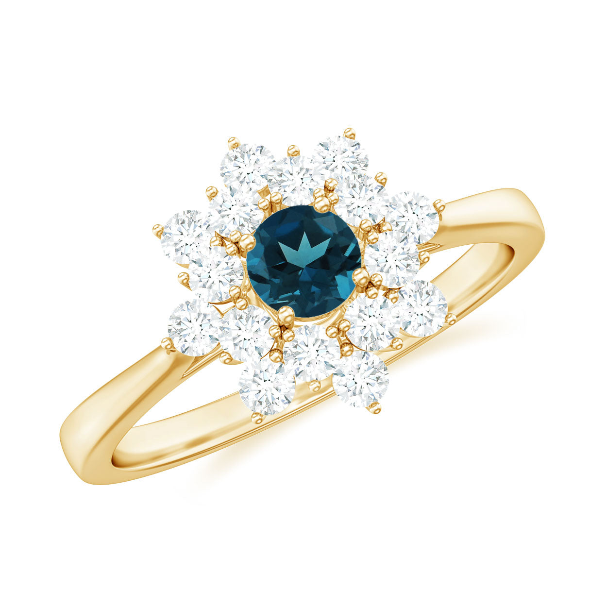 Genuine Round Cut London Blue Topaz Flower Engagement Ring with Diamonds