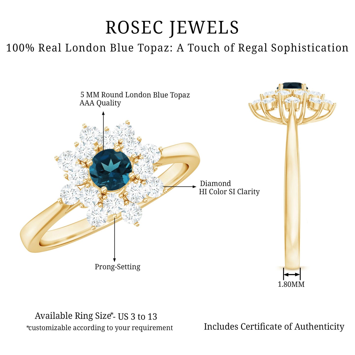 Genuine Round Cut London Blue Topaz Flower Engagement Ring with Diamonds
