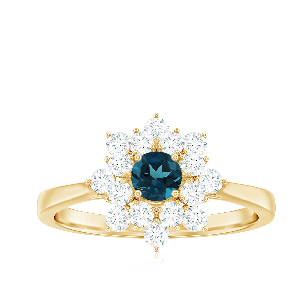 Genuine Round Cut London Blue Topaz Flower Engagement Ring with Diamonds