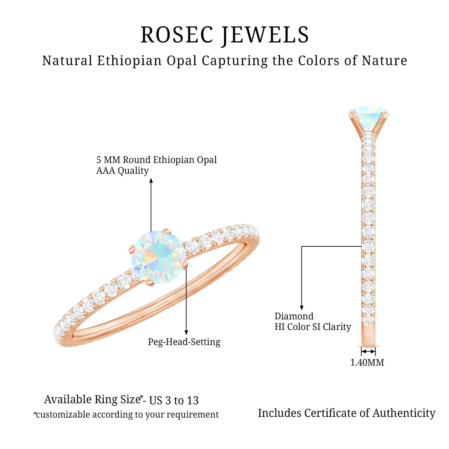 Genuine Ethiopian Opal Promise Ring with Diamond Side Stones