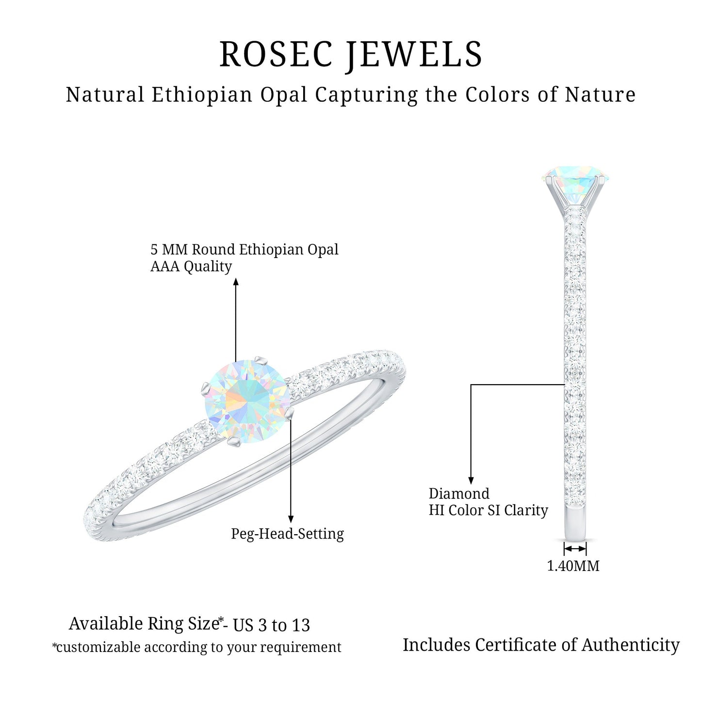 Genuine Ethiopian Opal Promise Ring with Diamond Side Stones