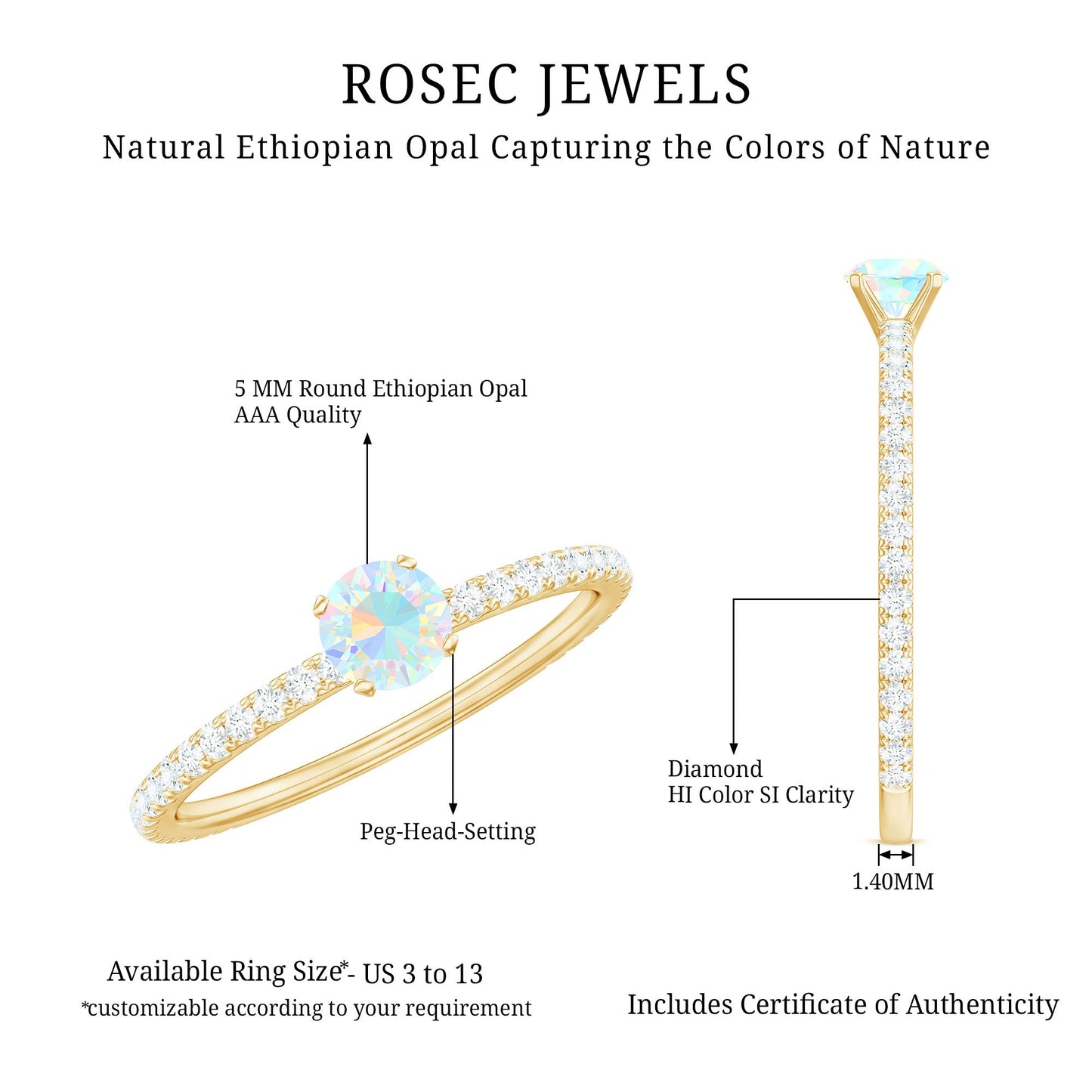 Genuine Ethiopian Opal Promise Ring with Diamond Side Stones