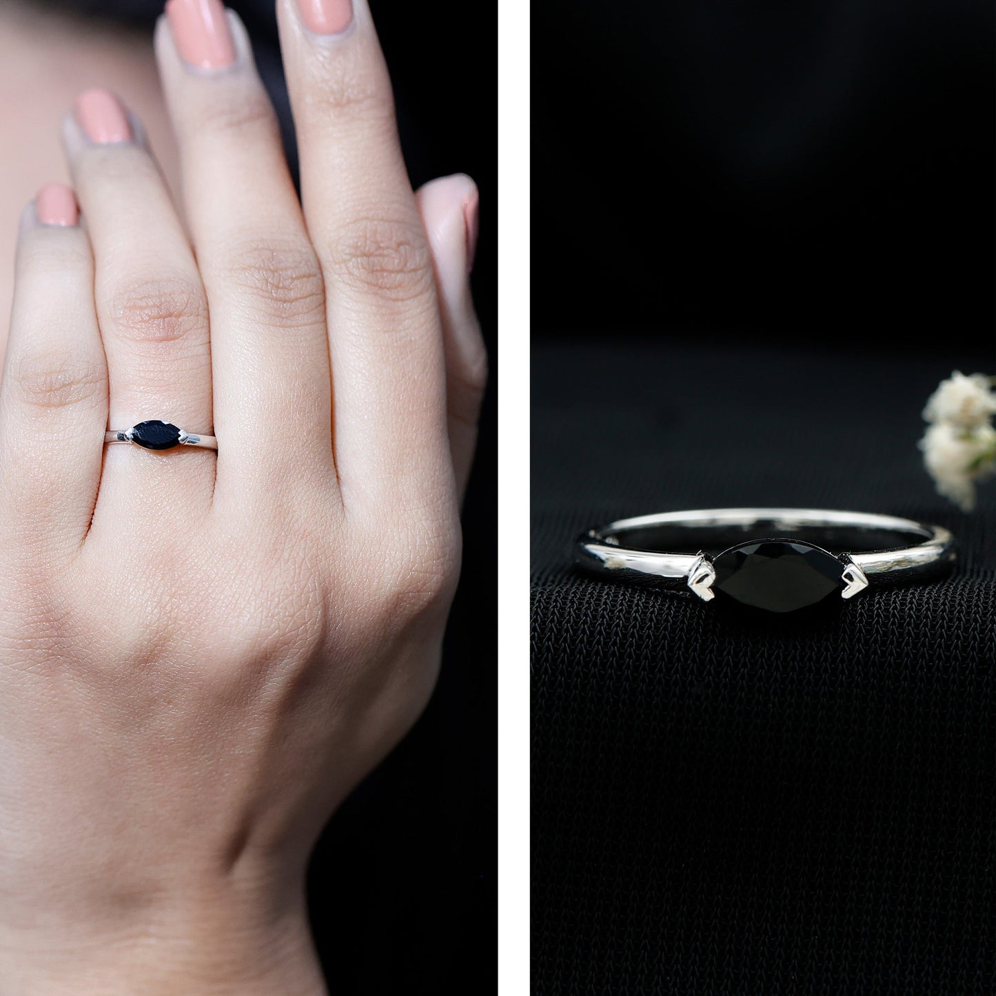 Marquise Cut Solitaire Black Onyx East West Promise Ring