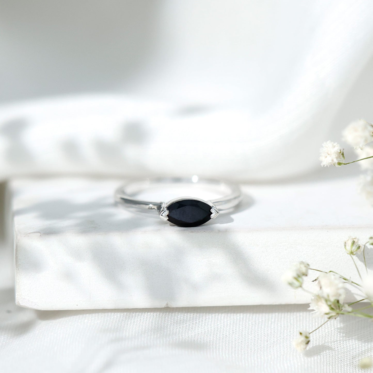 Marquise Cut Solitaire Black Onyx East West Promise Ring