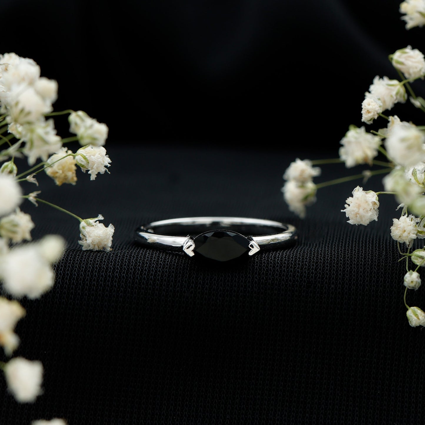 Marquise Cut Solitaire Black Onyx East West Promise Ring