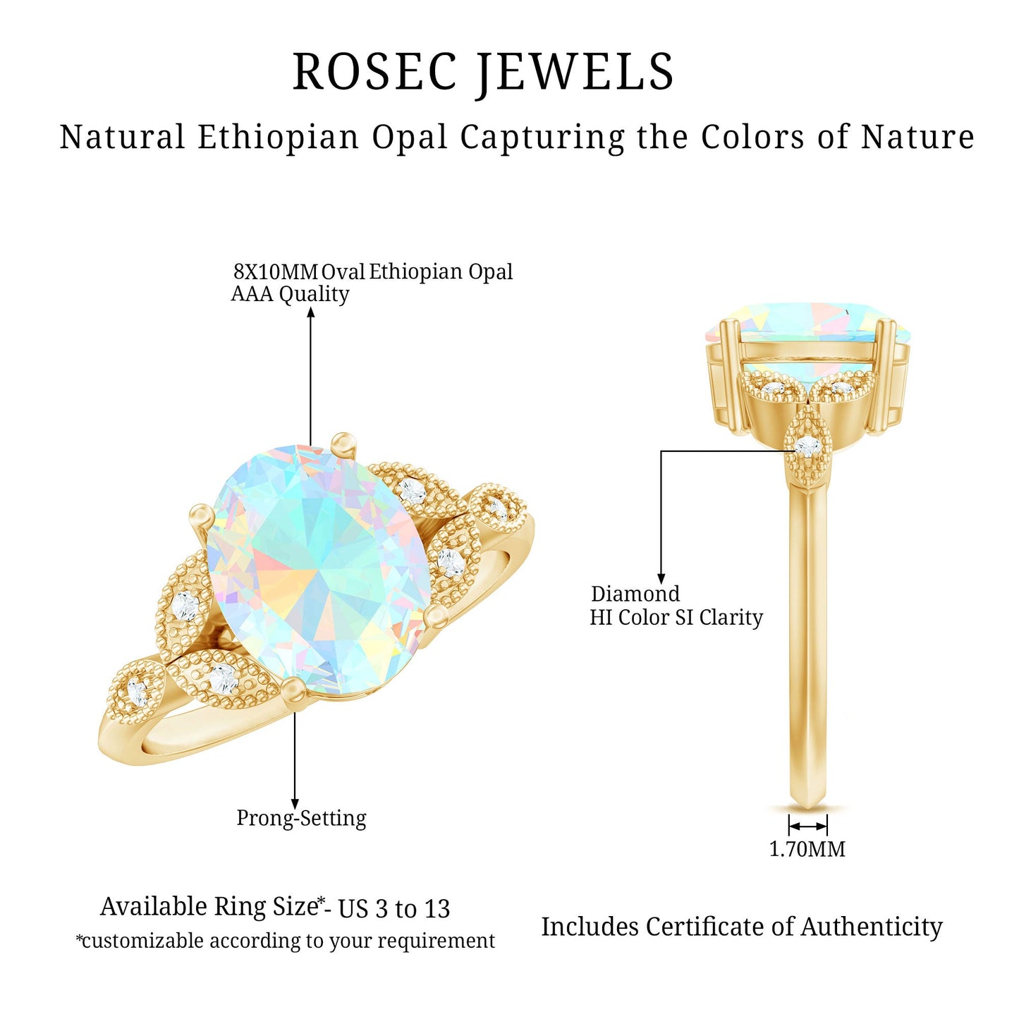 Vintage Style 8X10mm Ethiopian Opal Oblong Engagement Ring with Diamond