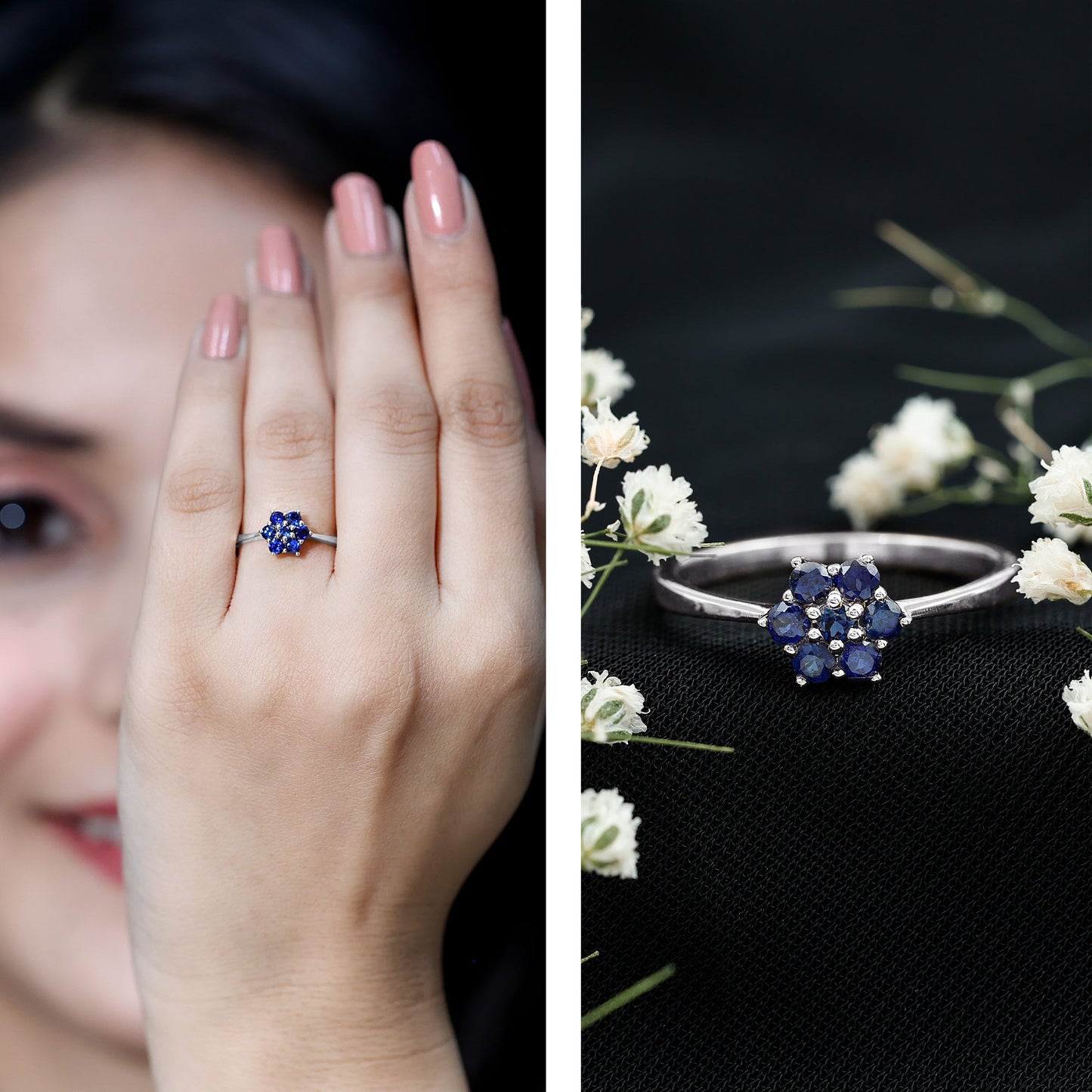 1 CT Round Shape Blue Sapphire Cluster Flower Ring