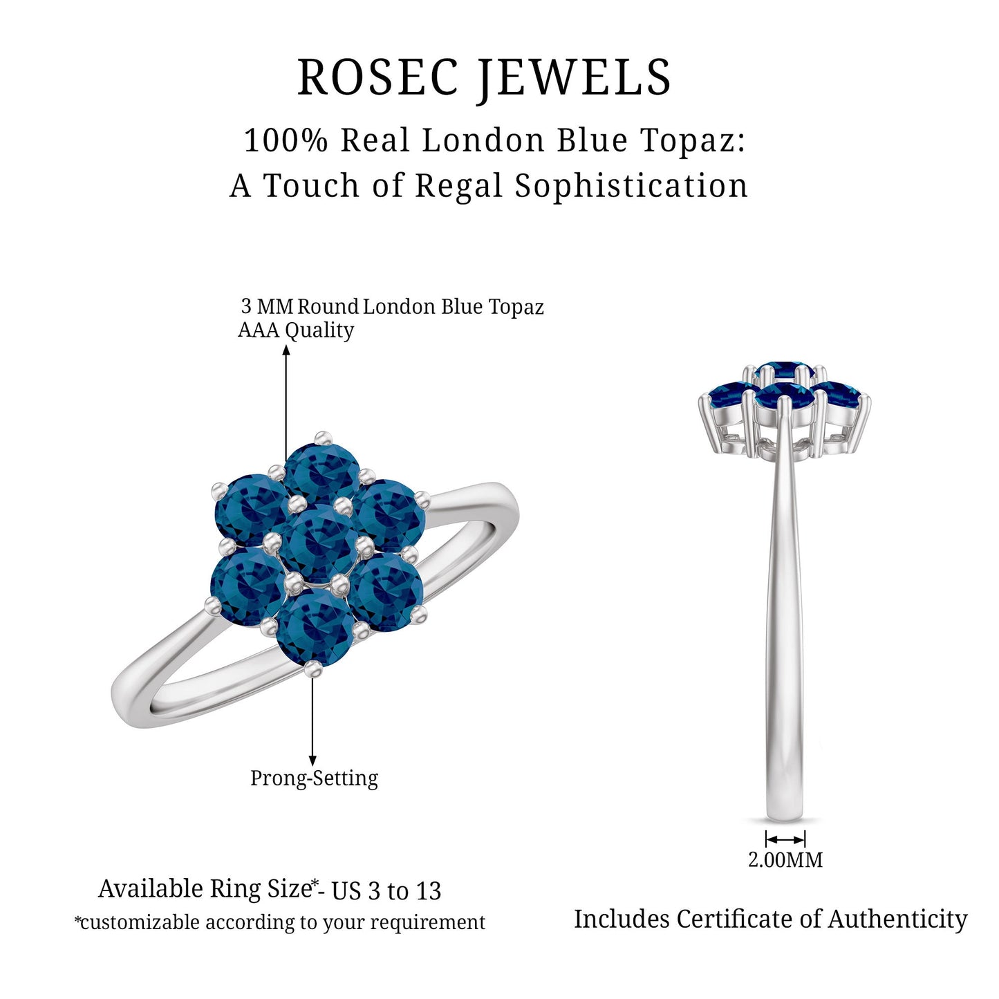 Genuine London Blue Topaz Flower Engagement Ring With Certificate
