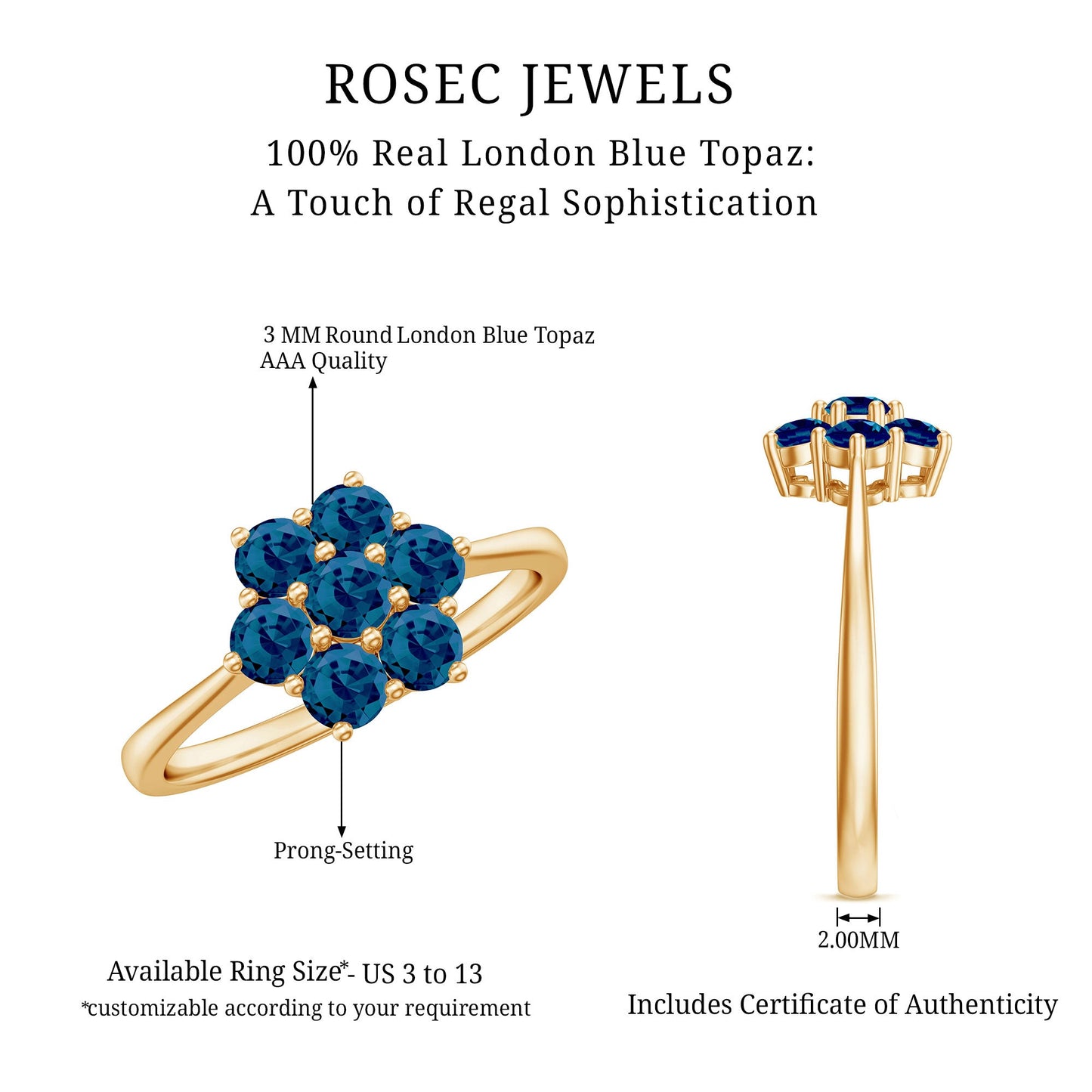 Genuine London Blue Topaz Flower Engagement Ring With Certificate