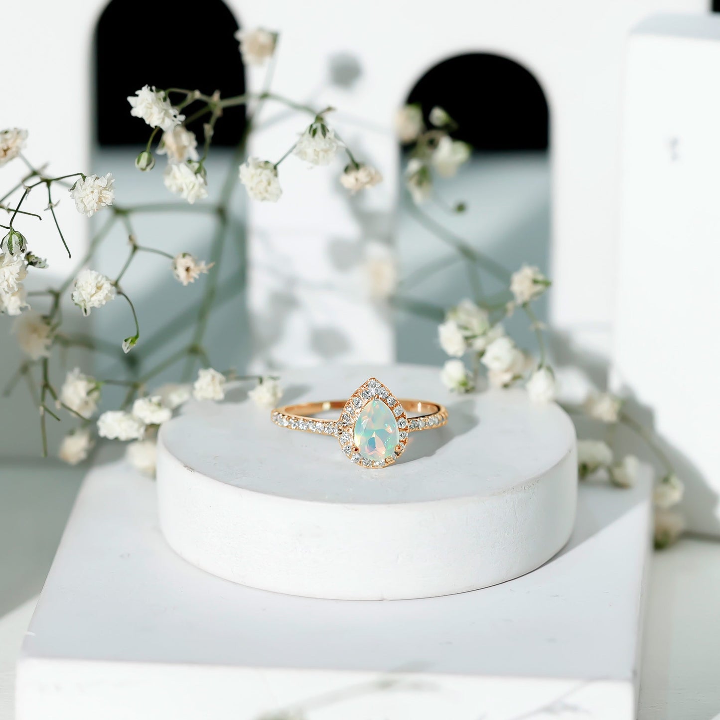 Natural 5X7mm Ethiopian Opal Teardrop Engagement Ring with Diamond Halo