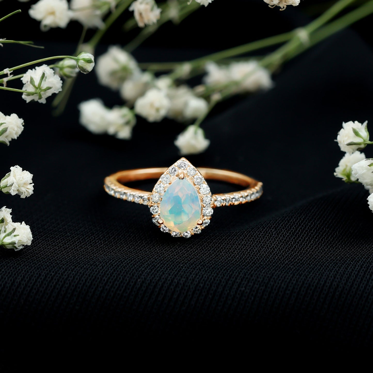 Natural 5X7mm Ethiopian Opal Teardrop Engagement Ring with Diamond Halo