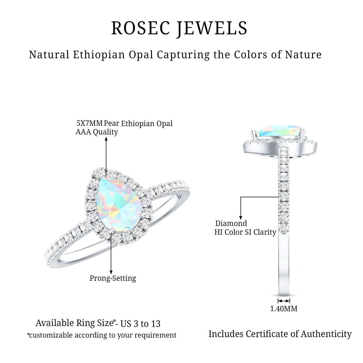 Natural 5X7mm Ethiopian Opal Teardrop Engagement Ring with Diamond Halo