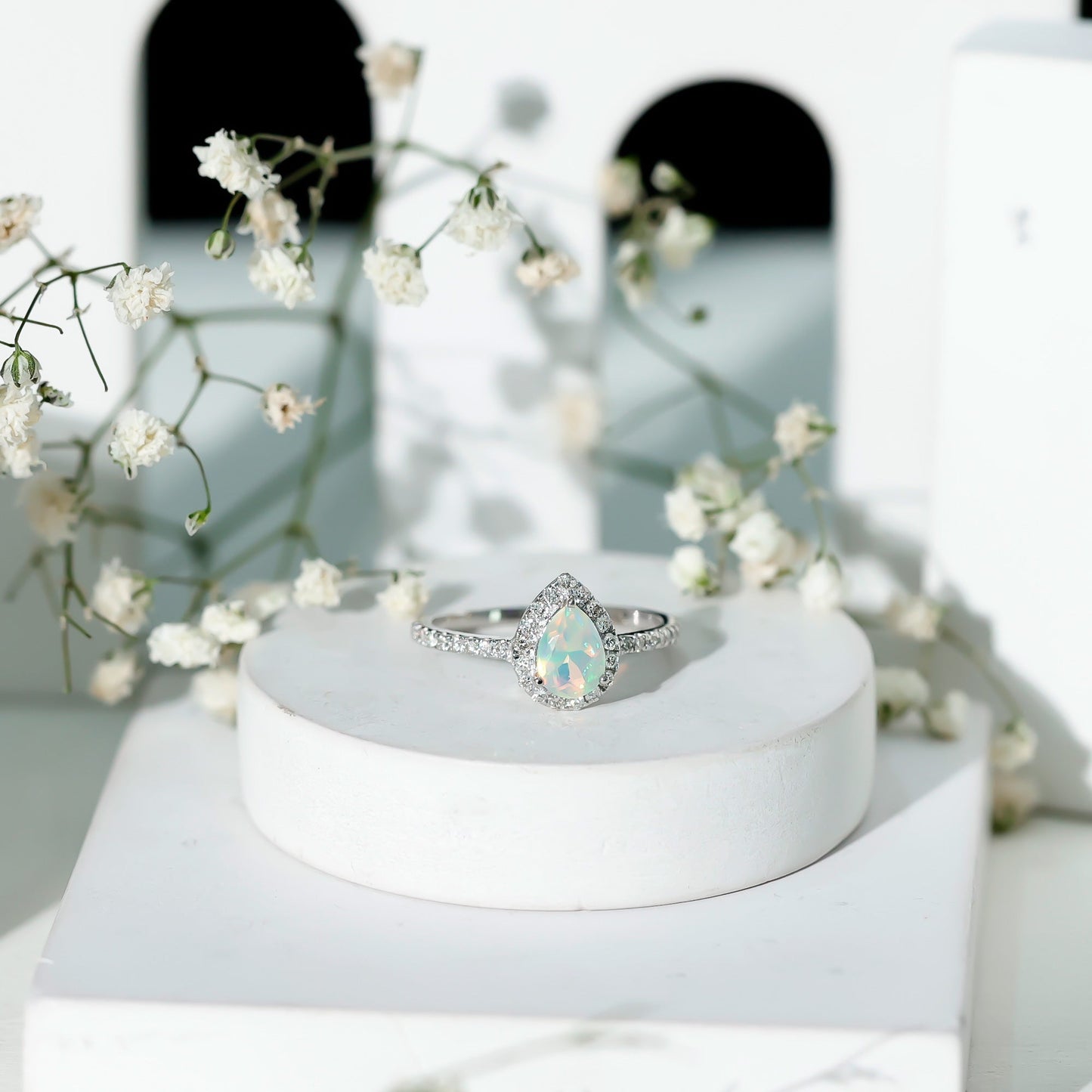 Natural 5X7mm Ethiopian Opal Teardrop Engagement Ring with Diamond Halo