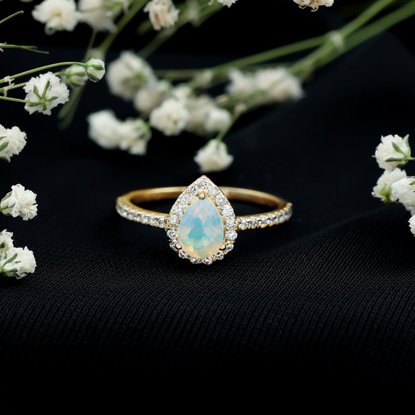 Natural 5X7mm Ethiopian Opal Teardrop Engagement Ring with Diamond Halo