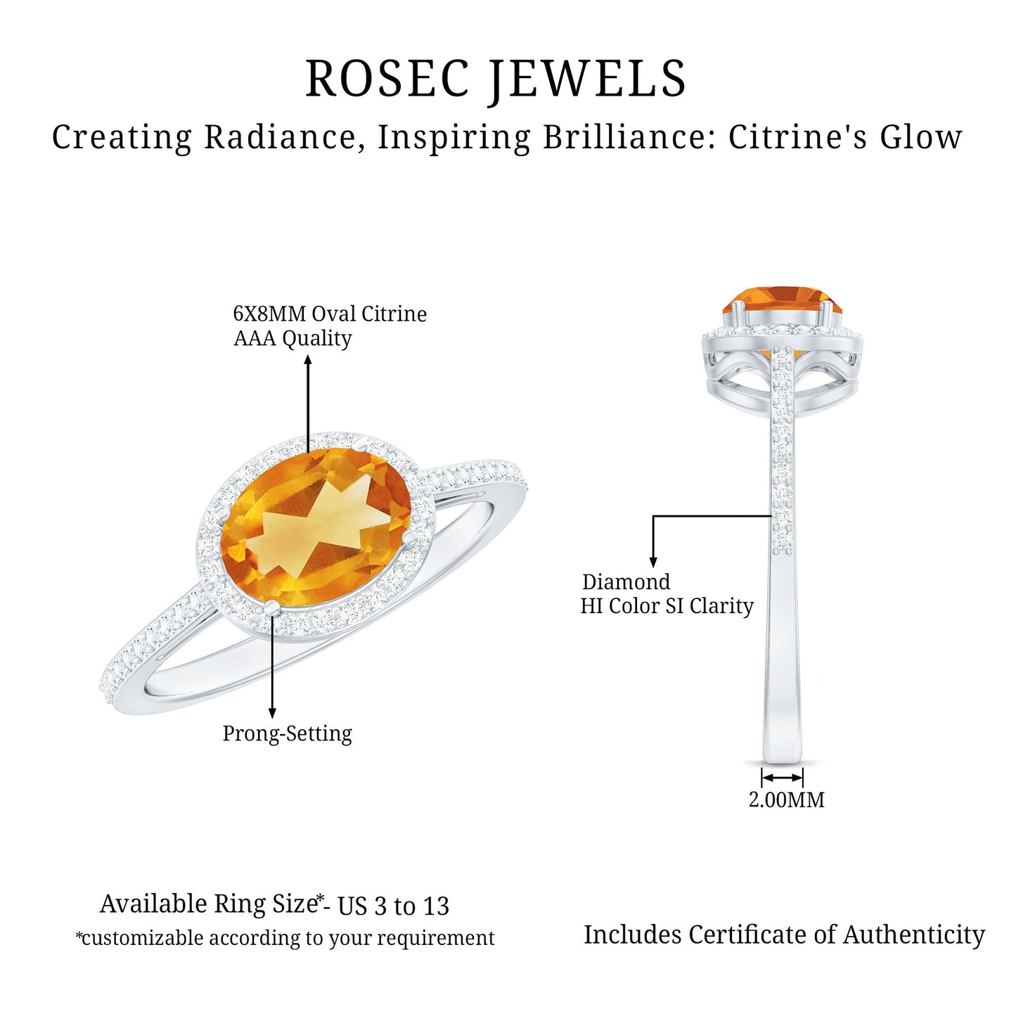 Certified Real 6X8mm Oval Citrine East West Engagement Ring with Diamond Halo