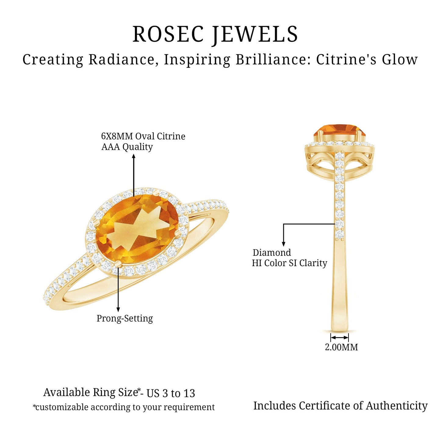 Certified Real 6X8mm Oval Citrine East West Engagement Ring with Diamond Halo