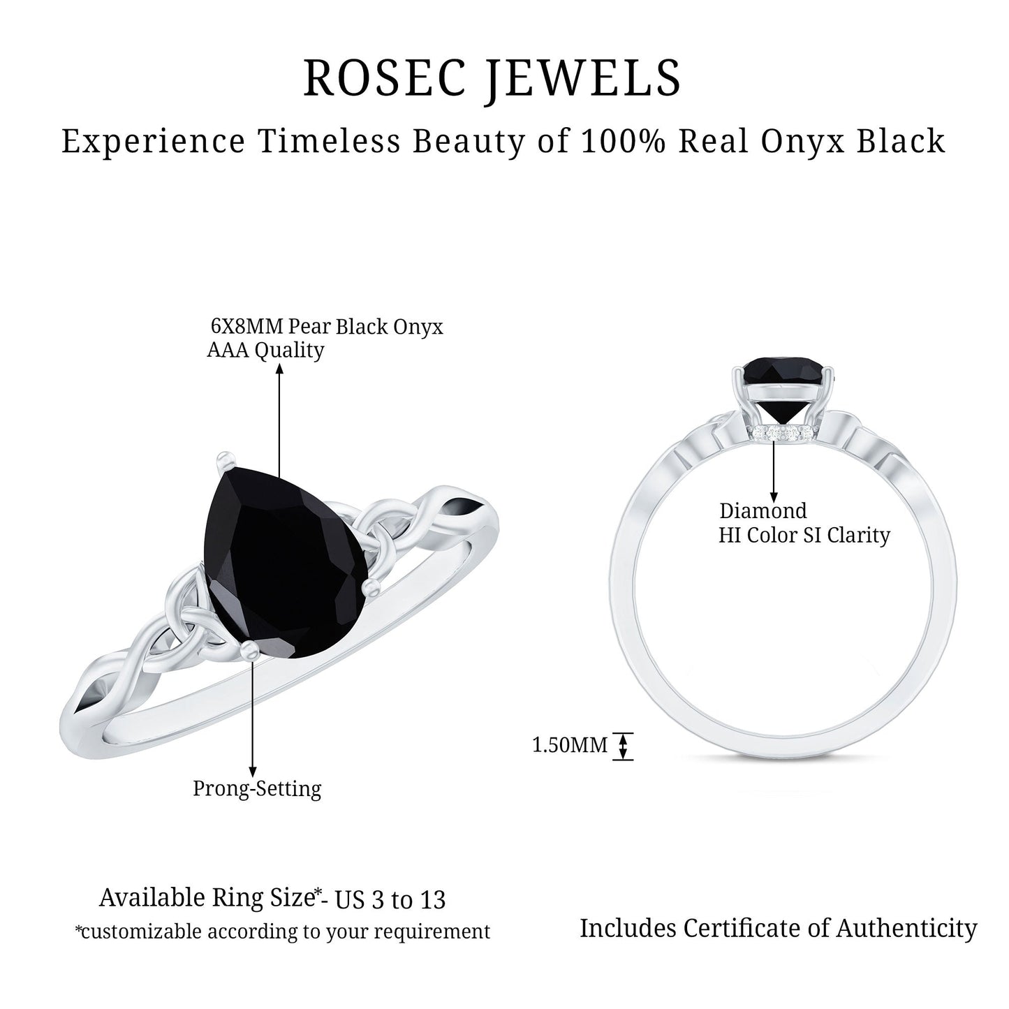 Solitaire Pear Cut Black Onyx Engagement Ring with Celtic Band