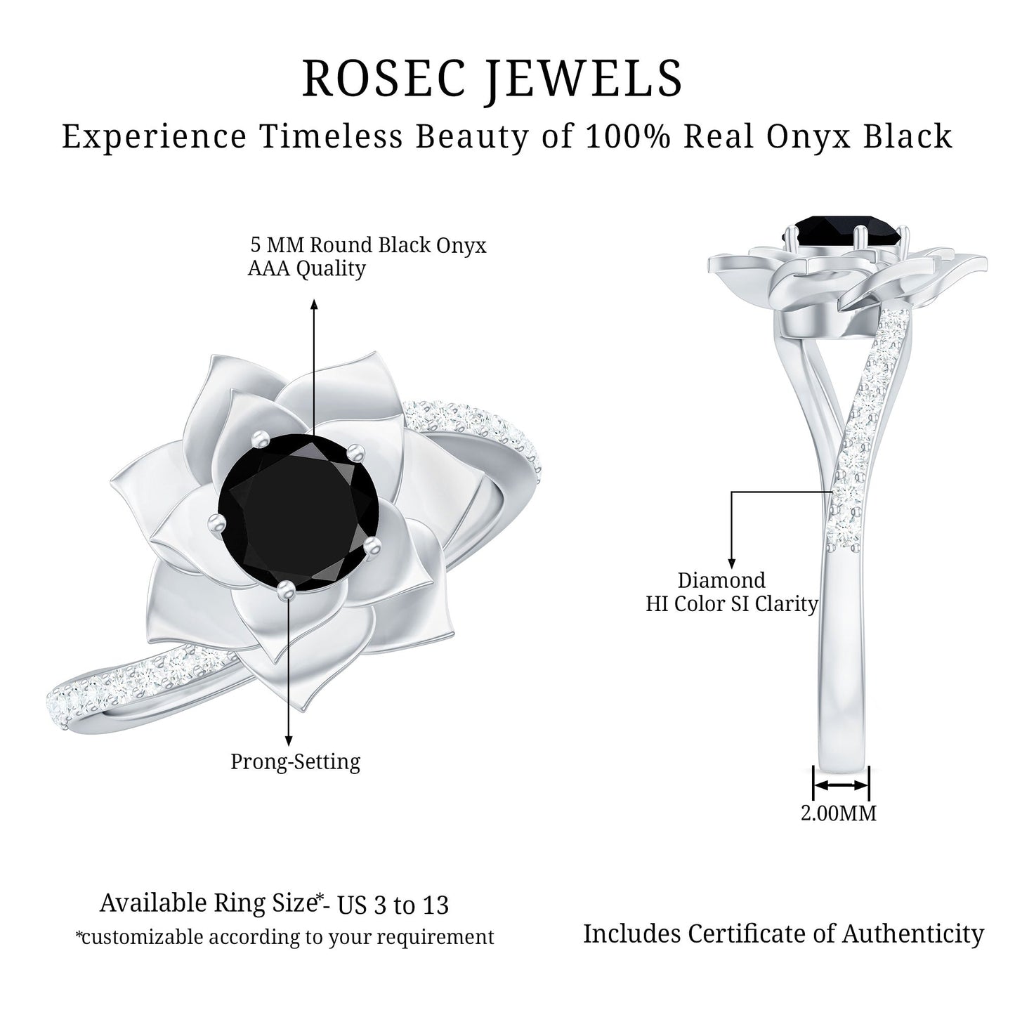 Flower Inspired Black Onyx Rose Engagement Ring with Diamond