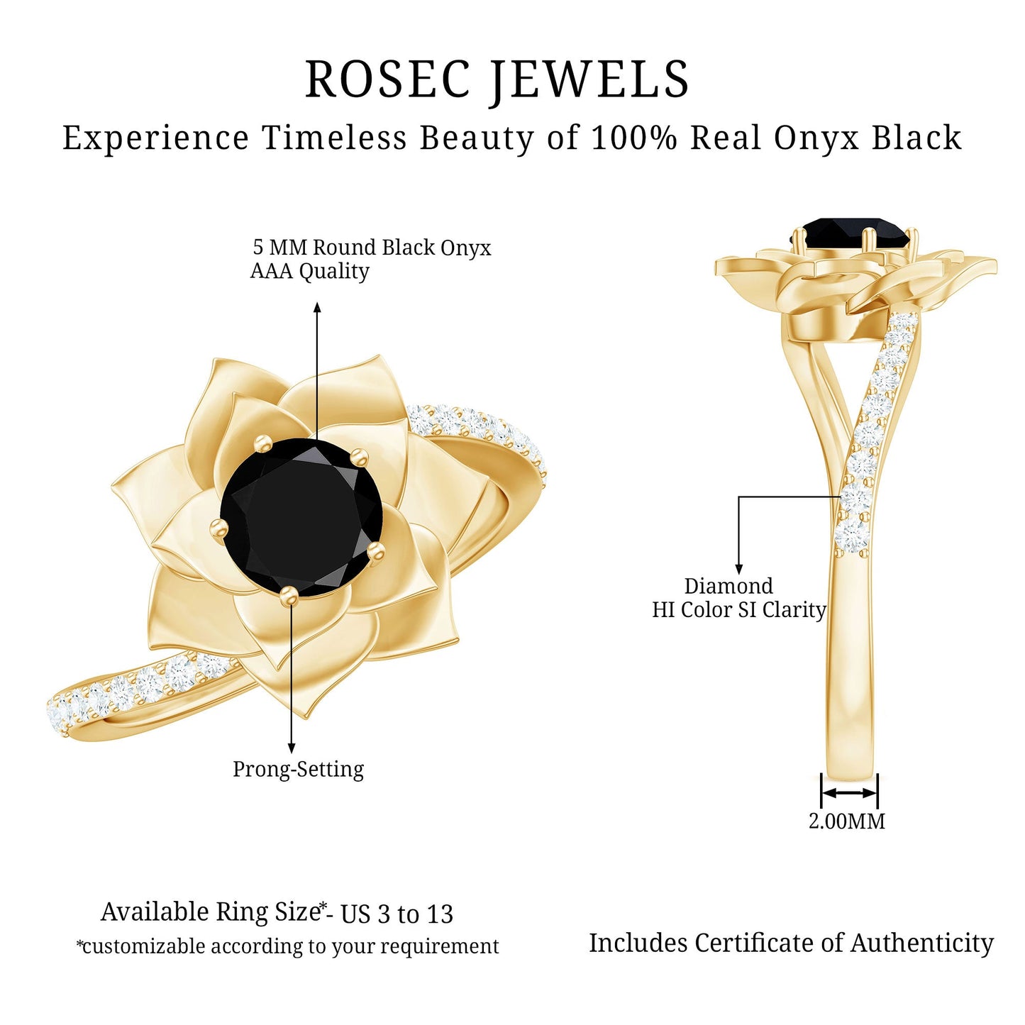 Flower Inspired Black Onyx Rose Engagement Ring with Diamond