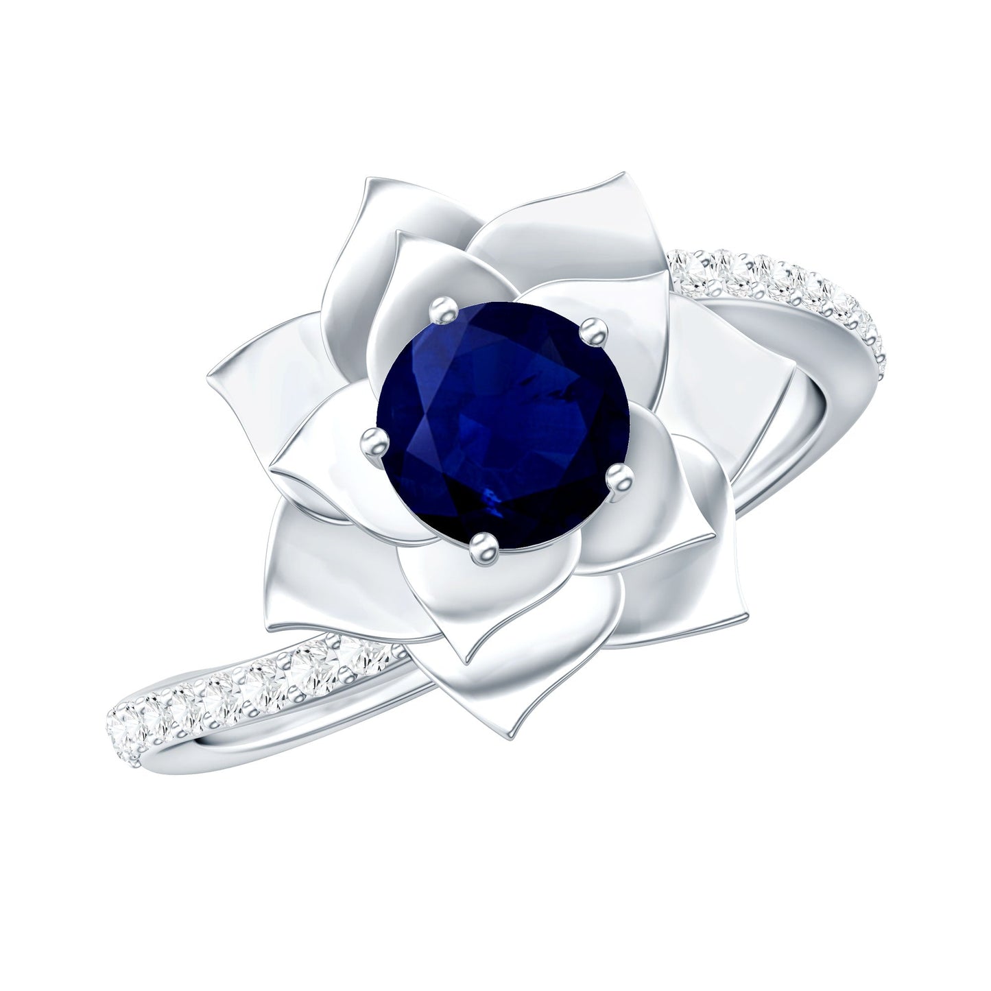 Real Blue Sapphire and Diamond Flower Ring with Bypass Shank