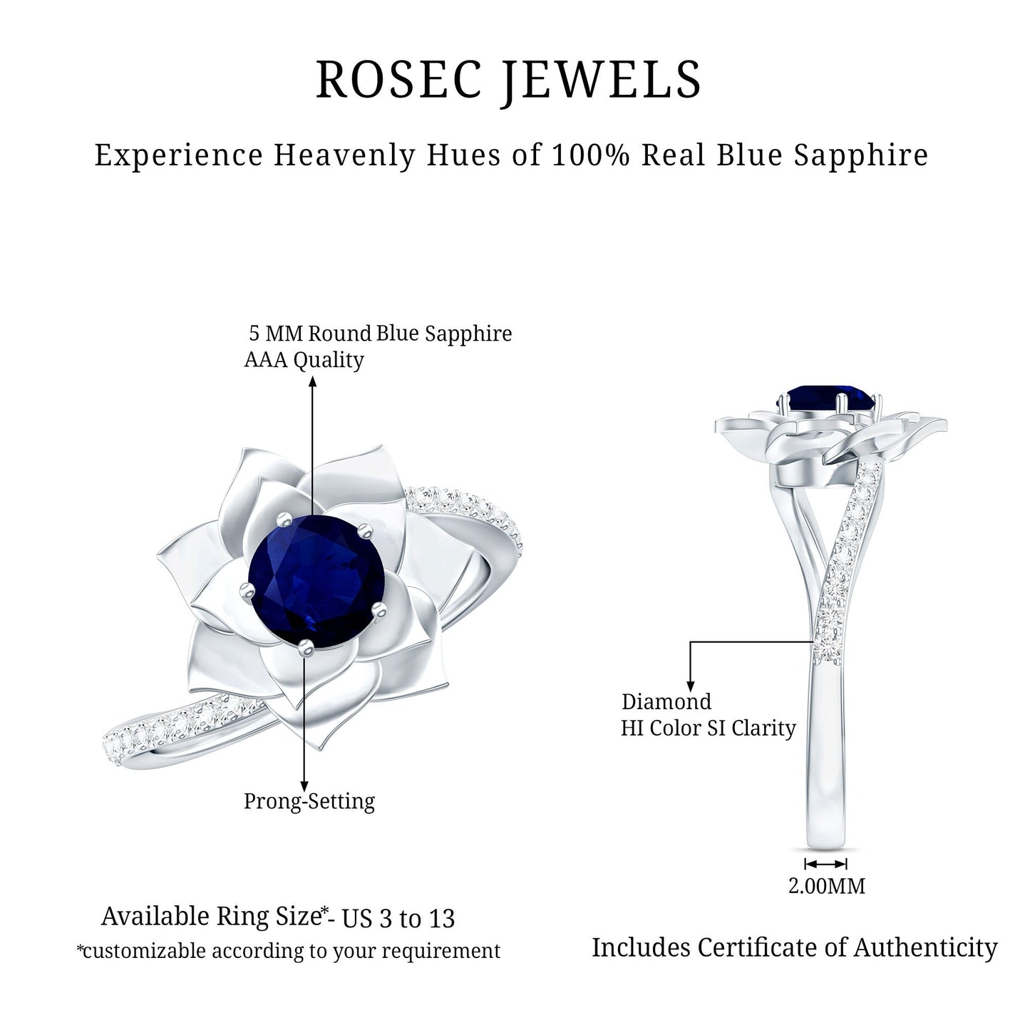 Real Blue Sapphire and Diamond Flower Ring with Bypass Shank