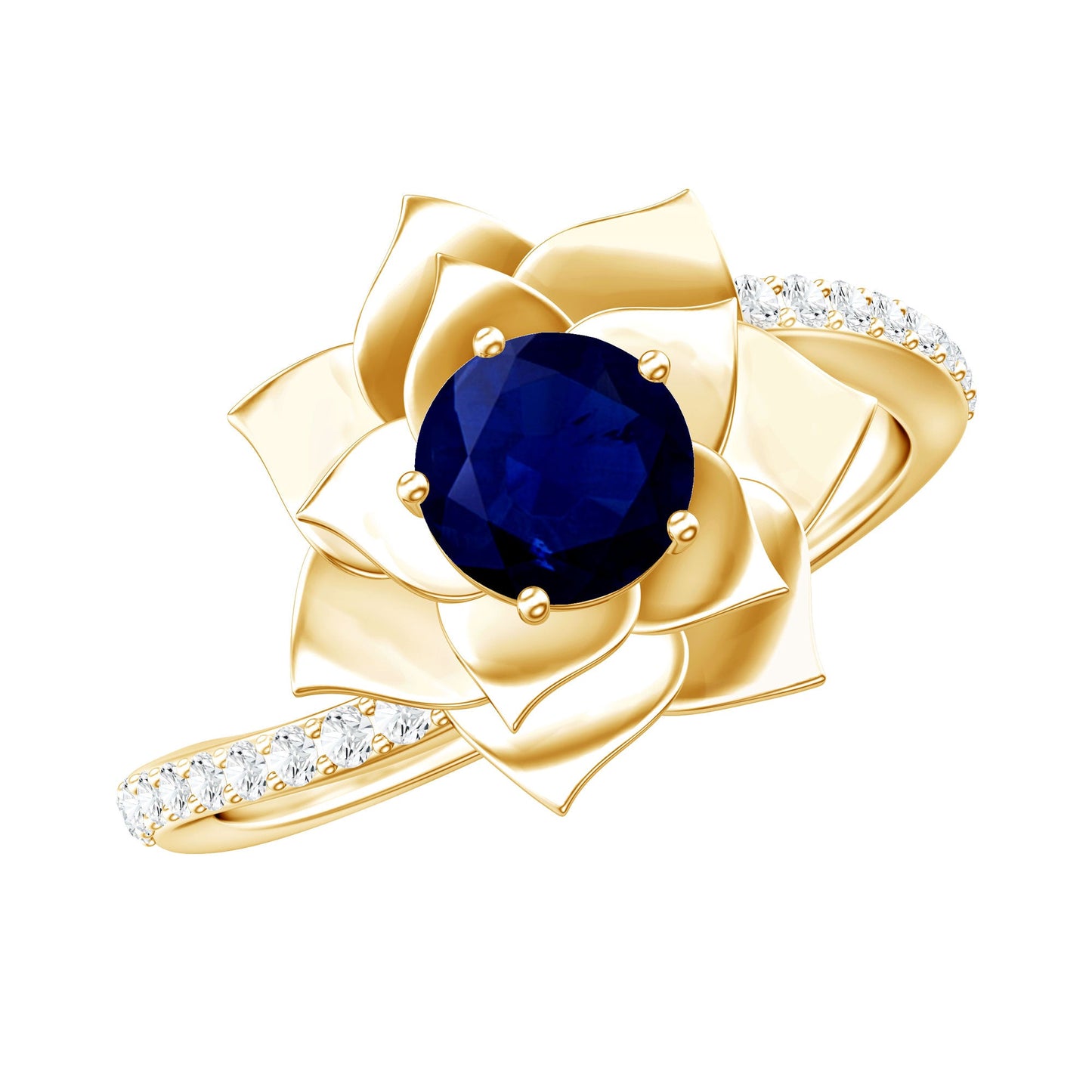 Real Blue Sapphire and Diamond Flower Ring with Bypass Shank
