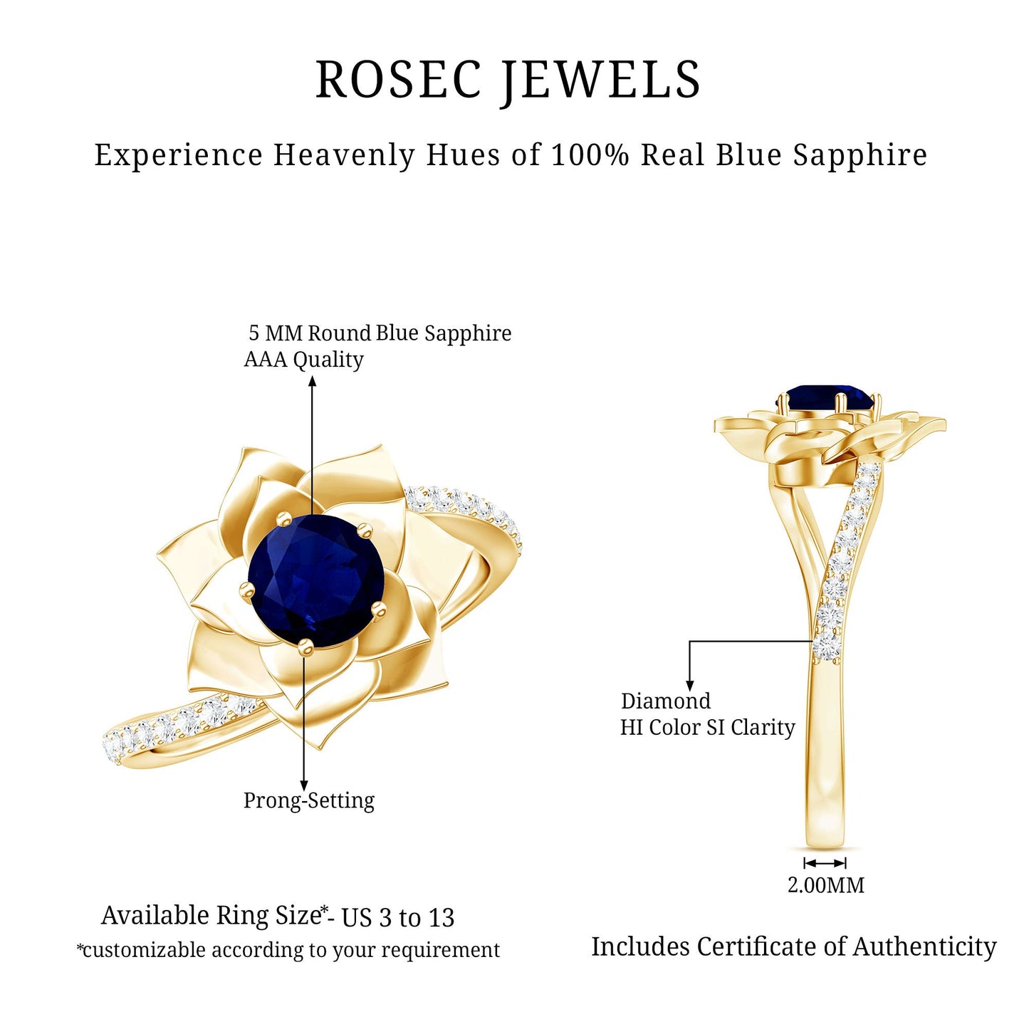 Real Blue Sapphire and Diamond Flower Ring with Bypass Shank