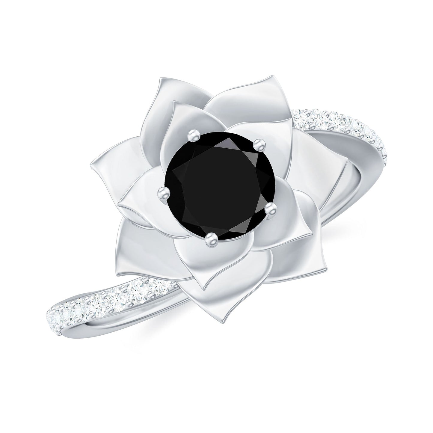Certified 0.8 Carat Lab Grown Black Diamond Flower Engagement Ring with White Diamond