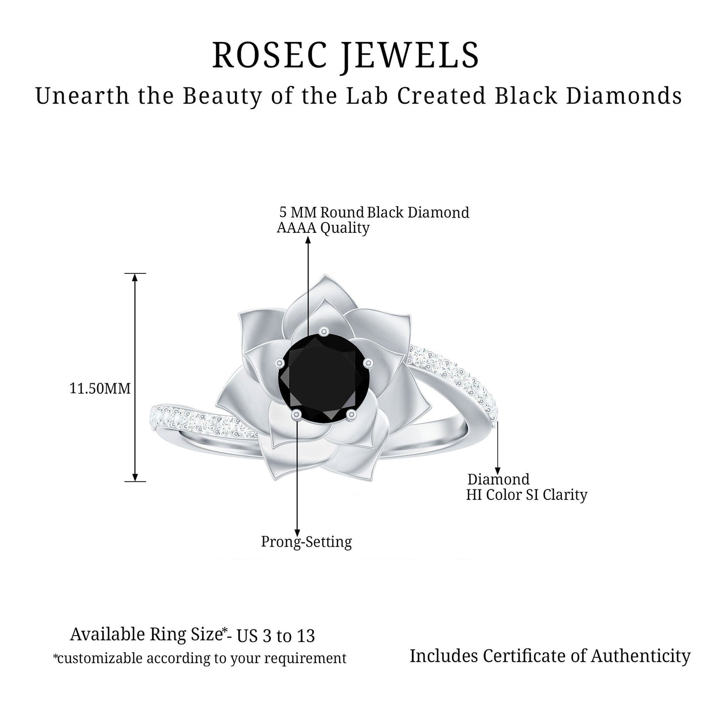 Certified 0.8 Carat Lab Grown Black Diamond Flower Engagement Ring with White Diamond