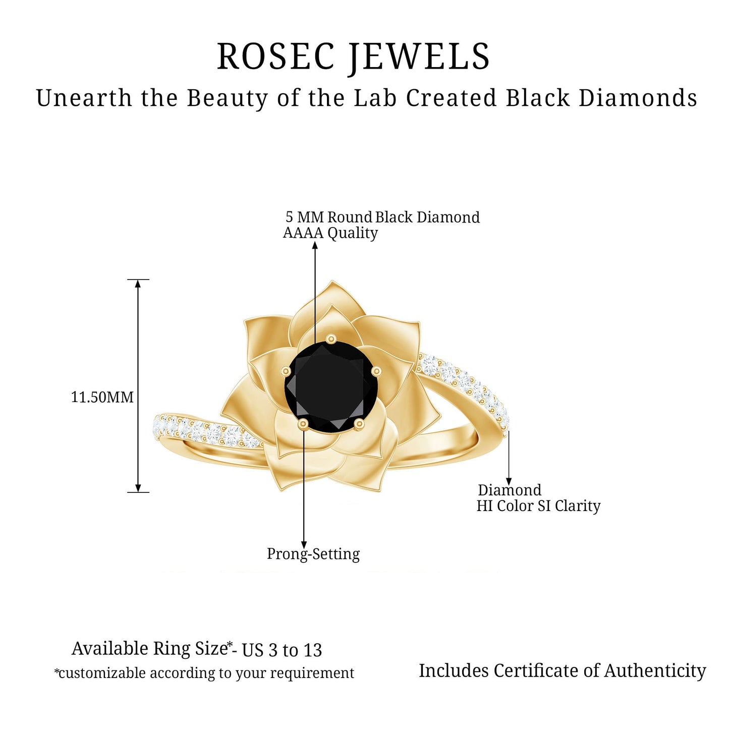 Certified 0.8 Carat Lab Grown Black Diamond Flower Engagement Ring with White Diamond